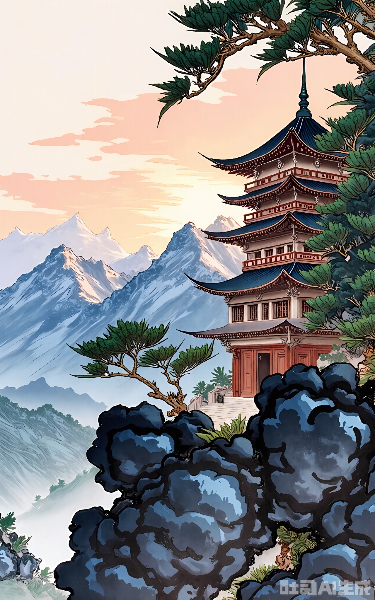 GBZS, A sophisticated Chinese fine-brush decorative artwork featuring a landscape with a traditional Chinese pagoda nestled among mountains. The pagoda is painted with intricate details, including multiple tiers and a pointed roof, in shades of brown and gray. The mountains are depicted with soft, rolling contours in shades of blue and gray, suggesting distance and grandeur. The background is a soft, pale orange, suggesting the warm glow of sunset. The painting employs traditional East Asian decorative motifs, with a sense of depth and perspective. The pagoda is positioned slightly to the left, creating a balanced composition.
