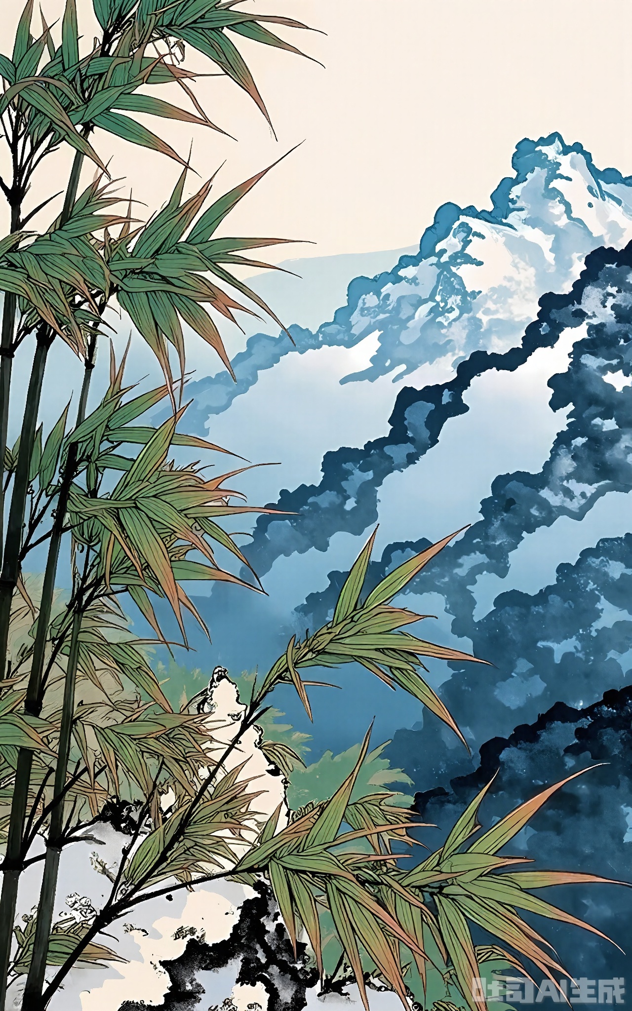 GBZS, A serene Chinese fine-brush decorative painting of a mountain landscape with a winding path leading through a bamboo grove. The mountains are depicted with soft, rolling contours in shades of blue and gray, while the bamboo is painted with thin, elongated strokes in green and brown. The path is a subtle, winding line that draws the viewer's eye into the scene. The background is a pale, misty tone, creating a sense of distance and tranquility. The painting adheres to traditional East Asian decorative styles, with a focus on capturing the essence of nature.
