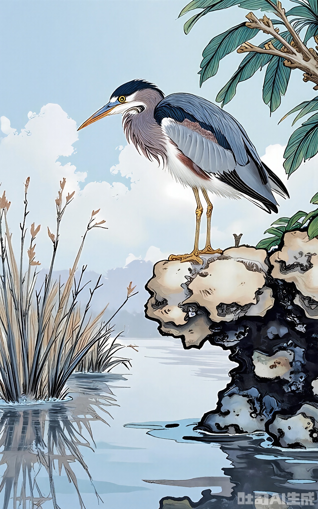 GBZS, A refined Chinese fine-brush decorative painting of a solitary heron standing on one leg amidst a marshy landscape. The heron's body is painted in shades of white and gray, with a long, pointed beak. The marsh is depicted with subtle textures and muted colors, suggesting a damp, tranquil environment. The background is a soft, bluish-gray, enhancing the sense of calm. The painting follows traditional East Asian decorative principles, with a focus on simplicity and elegance. The heron is positioned slightly to the left, creating a balanced composition.
