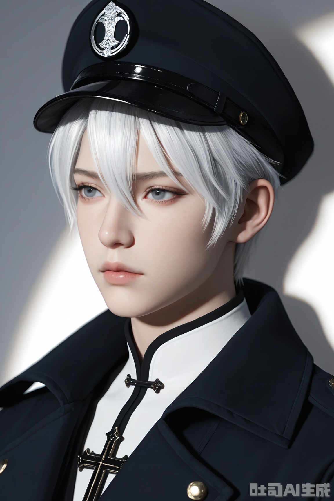 shuaiqiboy,shuaiqi,cg,3d art,photograph,3D 3D render CGI (dynamic pose, dynamic angle:1.2),CG,
1boy, solo, hat, male focus, cross, realistic, white hair, portrait, hair between eyes, high collar, white background, simple background, blue eyes, closed mouth, bangs, blurry, lips, eyelashes, short hair, coat, grey eyes, nose,  
masterwork, masterpiece, best quality, amazing quality, very aesthetic, absurdres, newest, (scenery, volumetric lighting), 8k, detail, sharp focus, HDR, bold outlines, strong shadows, high contrast, smooth gradients, ultra detailed, vibrant, stunningly beautiful, crisp lines, detailed, sleek, ultramodern, subtle shadows, intricate, professional, high-resolution, perfect lighting, very awa, ultradetailed,complex lighting, cinematic color grading, high-resolution texture