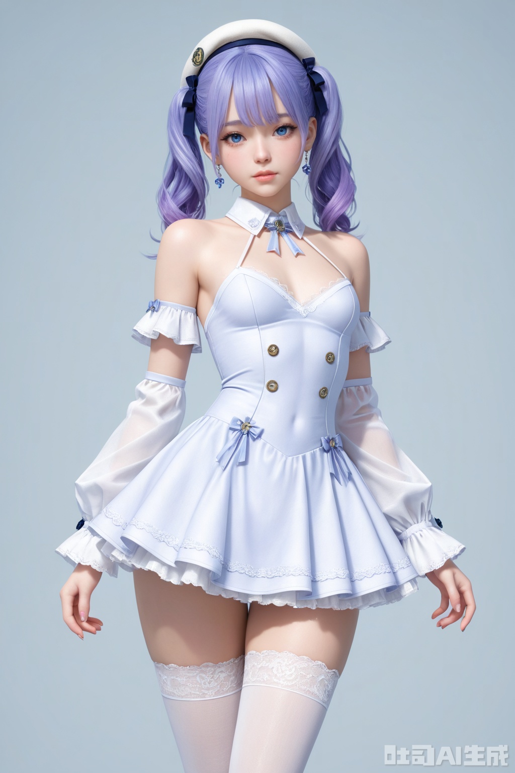 1girl, solo, breasts, looking at viewer, bangs, blue eyes, hat, dress, bare shoulders, twintails, jewelry, blue hair, upper body, purple hair, earrings, small breasts, detached sleeves, lips, beret, white headwear, full_body,White stockings,
masterpiece, best quality, amazing quality, very aesthetic, high resolution, ultra-detailed, 3D,CG