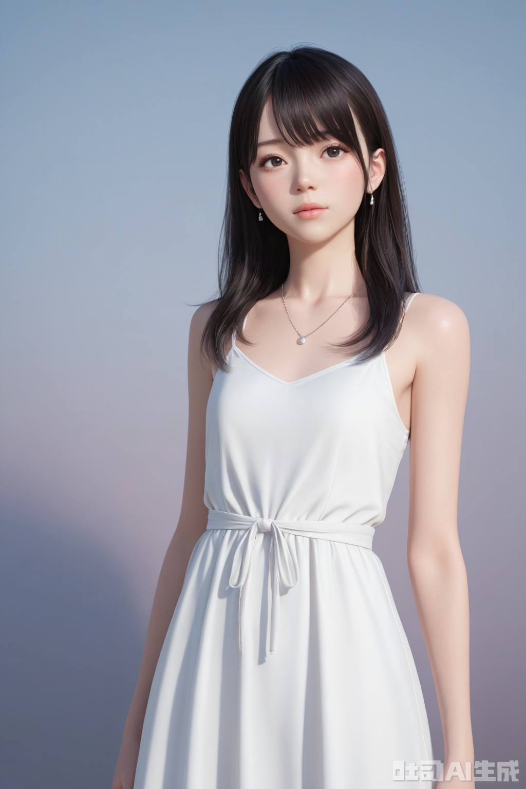 a young woman with long, dark hair, wearing a white dress and a silver necklace, set against a blue gradient background,
masterpiece, best quality, amazing quality, very aesthetic, high resolution, ultra-detailed, 3D,CG