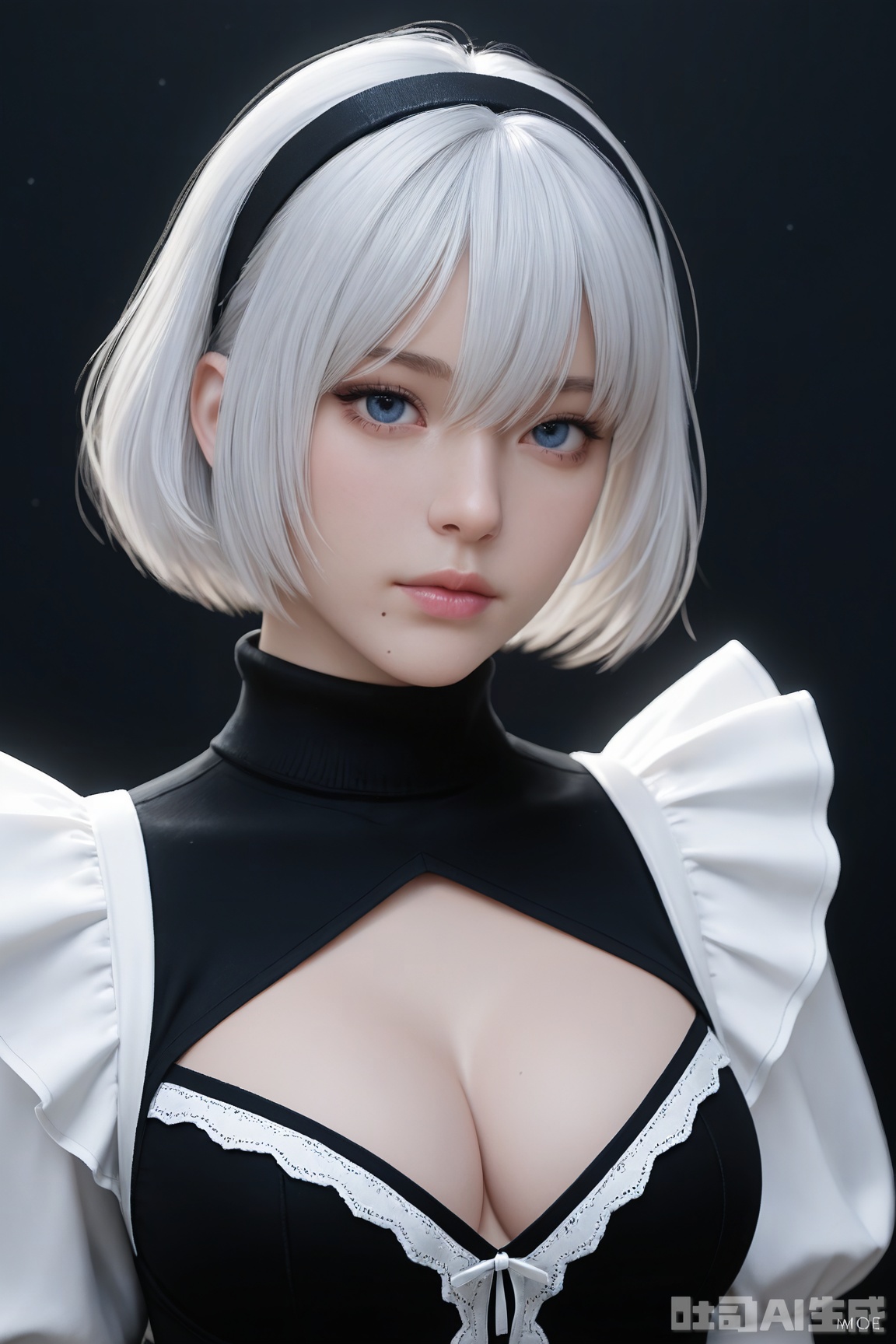 1girl, solo, breasts, looking at viewer, short hair, bangs, blue eyes, dress, cleavage, hair between eyes, medium breasts, closed mouth, upper body, white hair, hairband, puffy sleeves, artist name, mole, blurry, black dress, lips, turtleneck, black hairband, mole under mouth, pink lips, realistic, nose, no blindfold, yorha no. 2 type b, 
dynamic poses, dark background, particle effects, highly detailed, ultra-high resolutions, 32K UHD, amazing quality, very aesthetic, high resolution, ultra-detailed, 3D,CG
