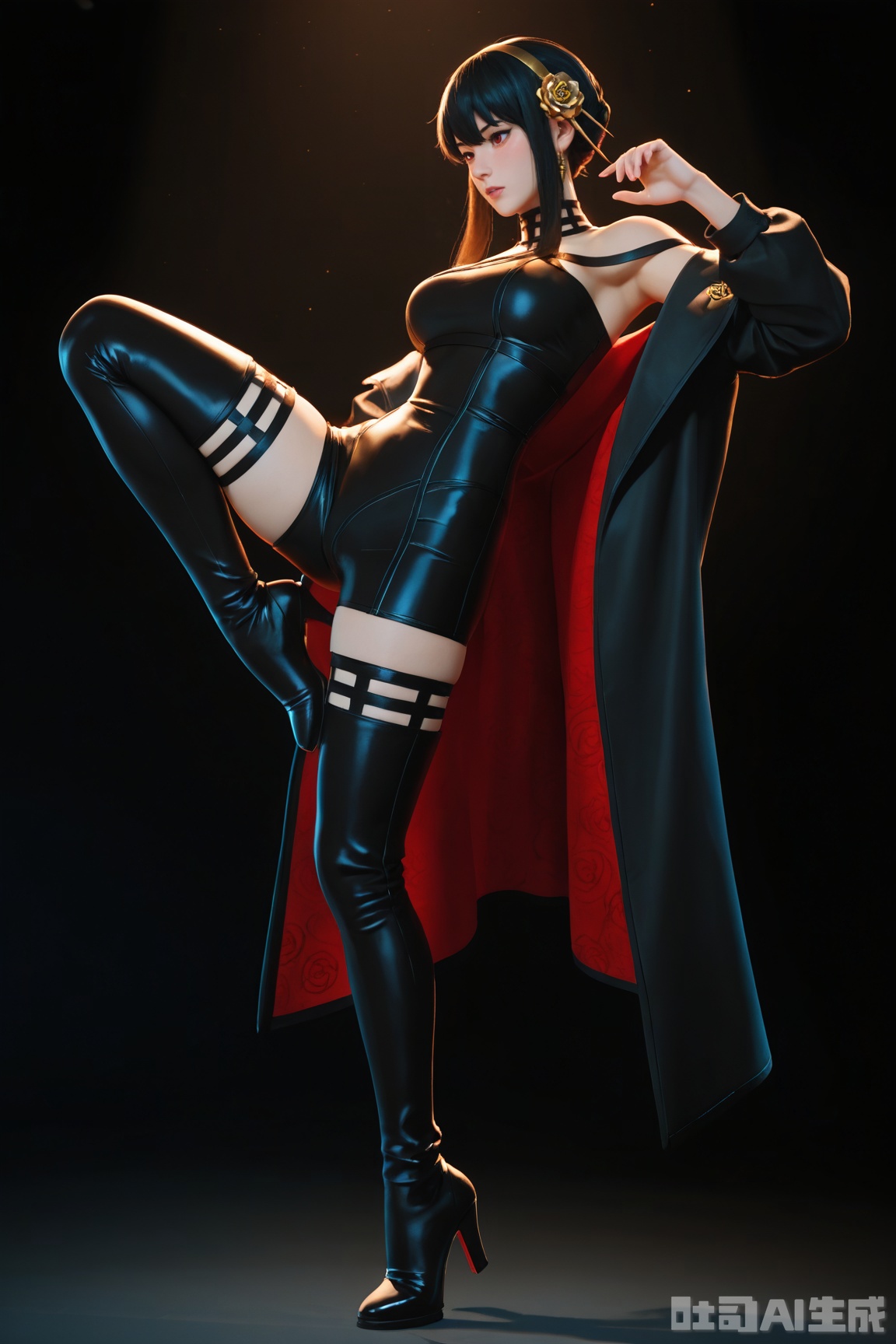 highly detailed face, dark theme, simple black background, ((1girl)), solo, Yor Briar, (bare shoulders), , (black body suit:1.3), , , thigh straps, thigh boots with thigh straps, , black long coat with red Inner cloth, dynamic pose, hair floating in action, (motion blur effect, dynamic motion:1.3), standing on one foot, kicking high, roundhouse kick,  
masterwork, masterpiece, best quality, amazing quality, very aesthetic, absurdres, newest, (scenery, volumetric lighting), 8k, detail, sharp focus, HDR, bold outlines, strong shadows, high contrast, smooth gradients, ultra detailed, vibrant, stunningly beautiful, crisp lines, detailed, sleek, ultramodern, subtle shadows, intricate, professional, high-resolution, perfect lighting, very awa, ultradetailed,complex lighting, cinematic color grading, high-resolution texture