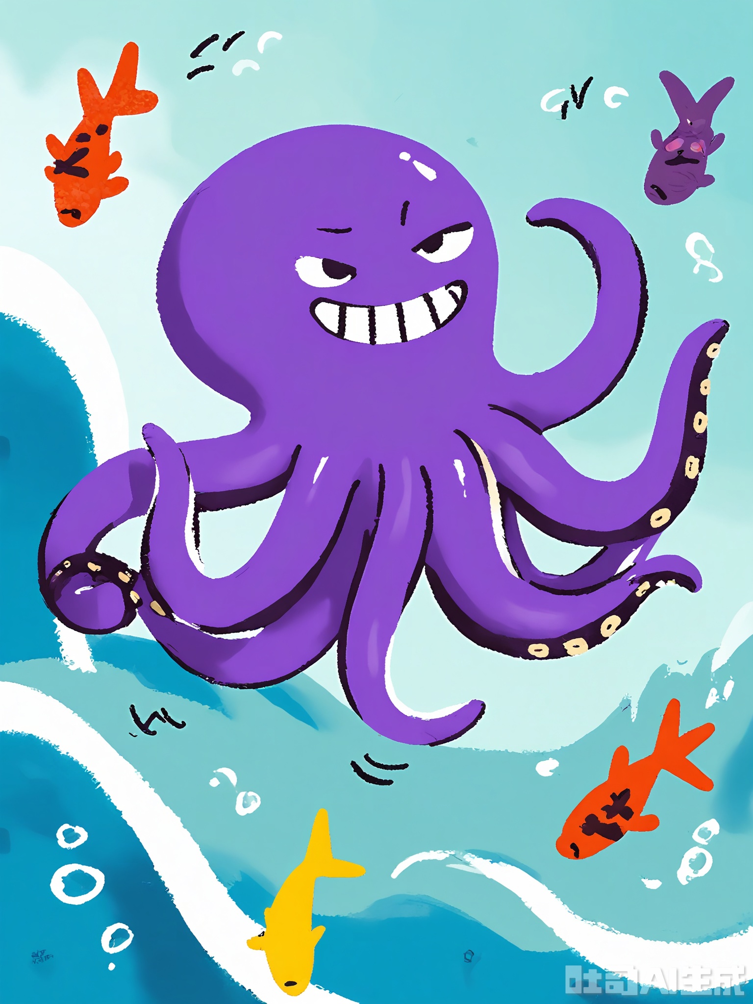 ETTY, A playful, scribbly illustration of a purple octopus with a big, silly grin. The octopus is floating in the ocean, its tentacles waving around like they’re dancing. The scene includes colorful fish, wavy blue water, and a few floating bubbles, all drawn with bold, uneven lines and filled in with vibrant hues.

