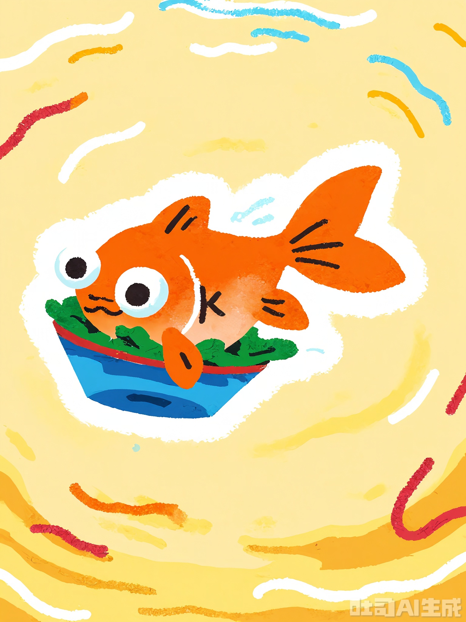 ETTY, A cheerful, scribbly illustration of a tiny orange goldfish with giant googly eyes. The goldfish is swimming in a bright blue bowl, surrounded by floating green seaweed and pink bubbles. Its fins are spread wide as if dancing, and the background has wavy yellow lines suggesting water ripples, all in bold, primary colors.

