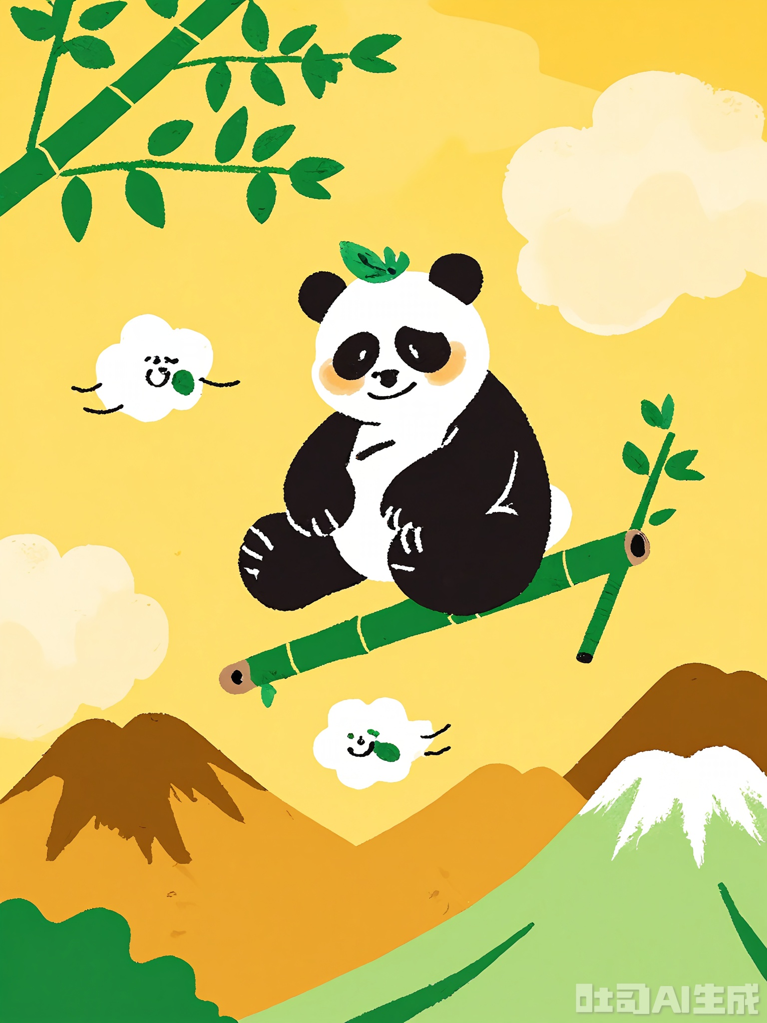 ETTY, A delightful, child’s rendering of a black and white panda with a round belly. The panda is sitting on a bamboo stick, munching on a green leaf with a contented expression. The scene features wavy green bamboo stalks, a few floating clouds, and a distant mountain, all drawn with bold, uneven lines and filled in with soft, natural colors.

