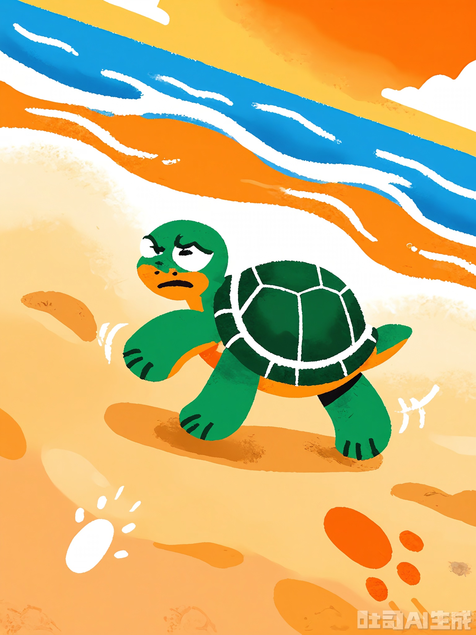 ETTY, A funny, rough-drawn cartoon of a green turtle with a patterned shell. The turtle is slowly crawling on a sandy beach, leaving wavy footprints behind it. The scene includes a wavy blue ocean, a few floating seashells, and a distant orange sunset, all drawn with bold, uneven lines and filled in with vibrant, playful colors.

