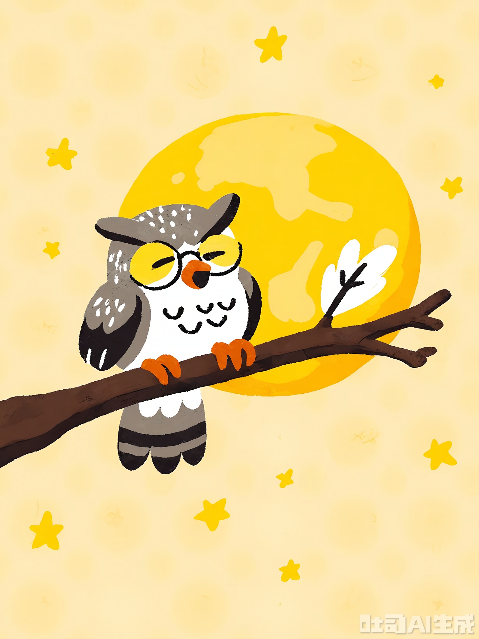 ETTY, A funny, scribbled cartoon of a sleepy gray owl with huge round glasses. The owl is perched on a brown branch, its head nodding forward as if dozing, with a tiny yellow moon and stars twinkling behind it. The scene is filled with wavy lines, dotted patterns, and a few floating feathers, all in soft pastel shades.

