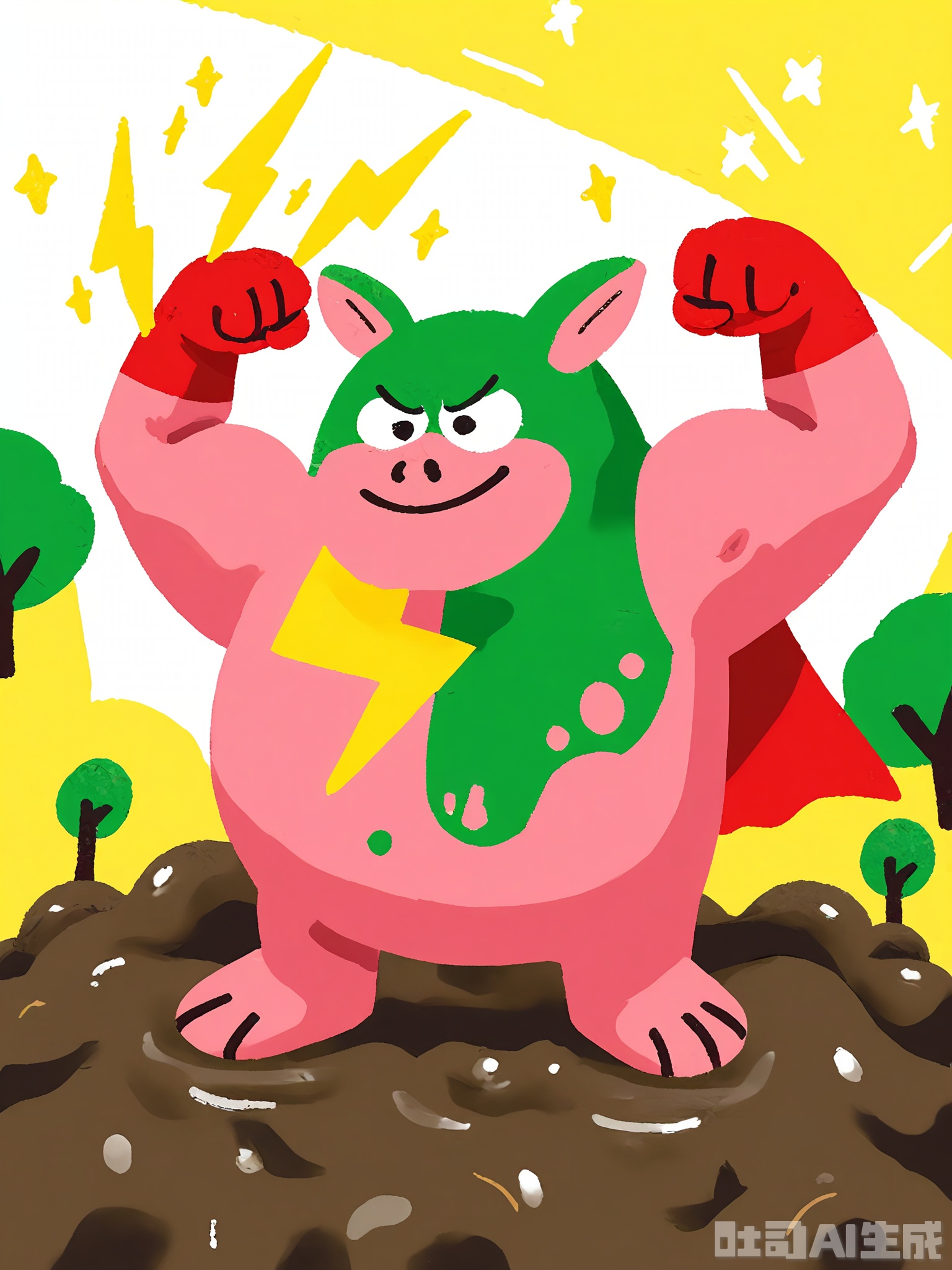 ETTY, A bubbly, hand-drawn picture of a pink piglet wearing a red superhero cape. The piglet is standing on a pile of mud, flexing its tiny arms and grinning proudly. The background has floating stars, a yellow lightning bolt, and a green hill with a single tree, all outlined in black and colored in with bright, messy patches.


