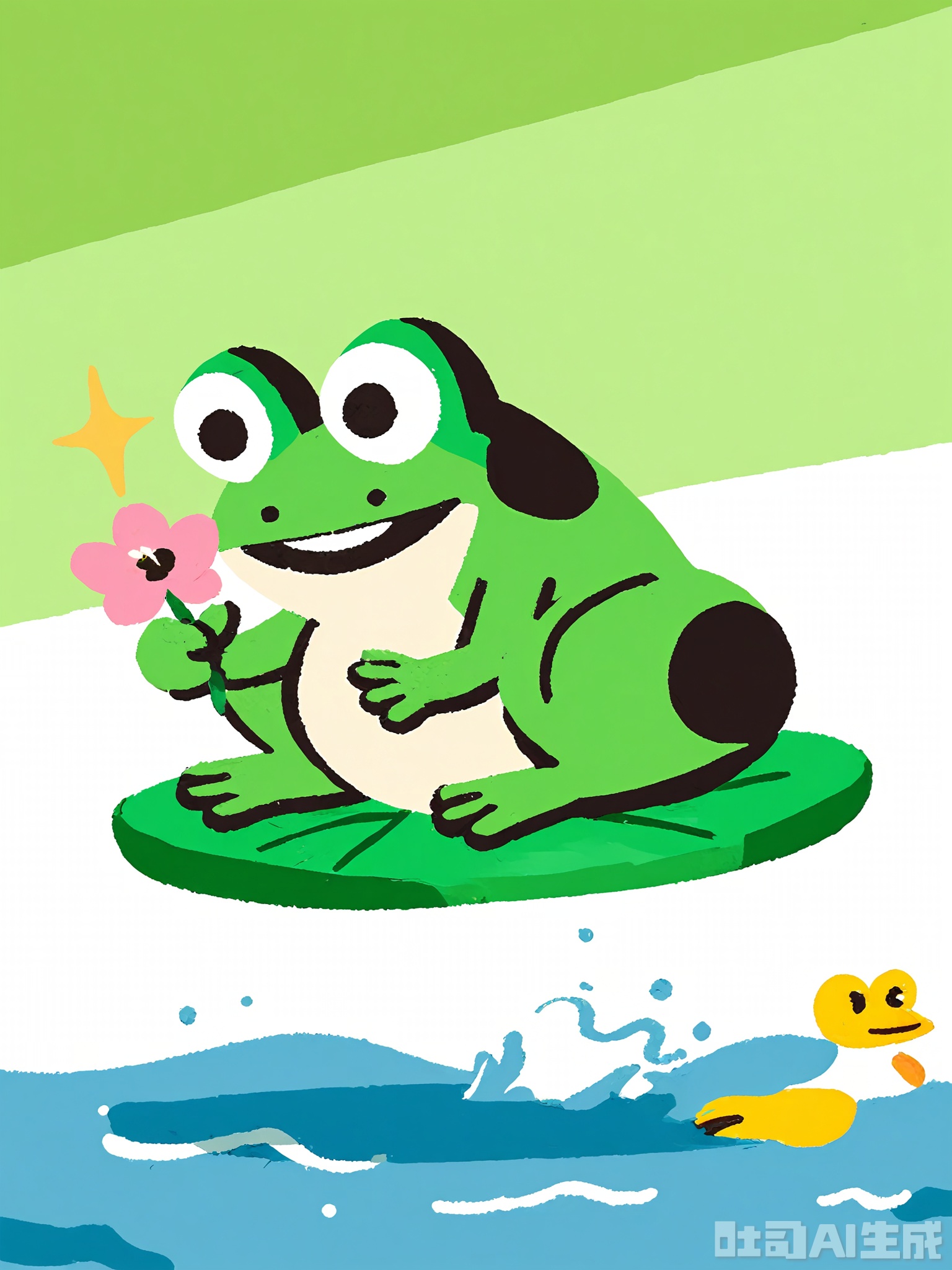 ETTY, A charming, rough sketch of a tiny green frog sitting on a lily pad. The frog is holding a pink flower in its hand and has a big, happy smile. The scene features wavy blue water, floating bubbles, and a few yellow ducks swimming nearby, all outlined in black and colored in with quick, energetic strokes.

