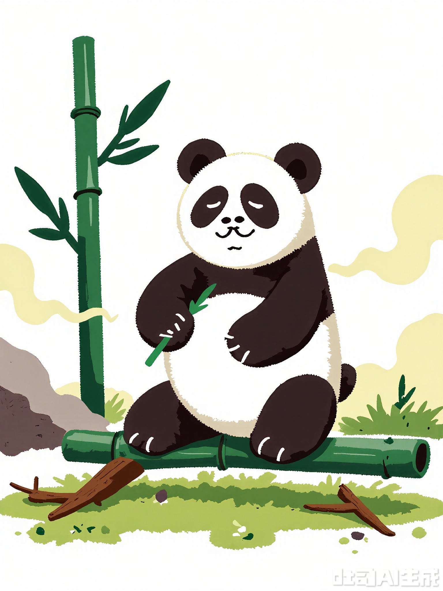 ETTY, A delightful, child’s rendering of a black and white panda with a round belly. The panda is sitting on a bamboo stick, munching on a green leaf with a contented expression. The scene features wavy green bamboo stalks, a few floating clouds, and a distant mountain, all drawn with bold, uneven lines and filled in with soft, natural colors.
