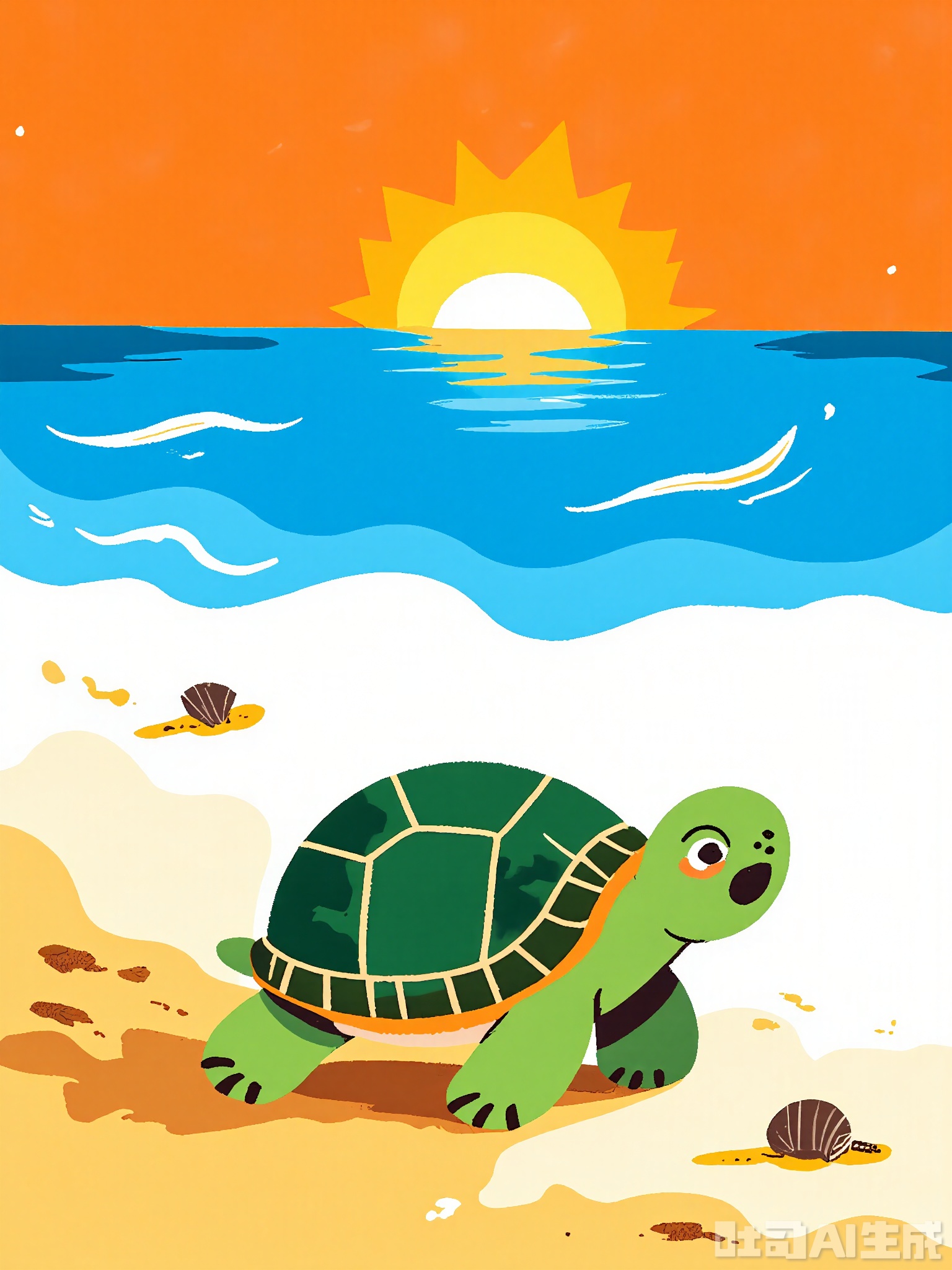 ETTY, A funny, rough-drawn cartoon of a green turtle with a patterned shell. The turtle is slowly crawling on a sandy beach, leaving wavy footprints behind it. The scene includes a wavy blue ocean, a few floating seashells, and a distant orange sunset, all drawn with bold, uneven lines and filled in with vibrant, playful colors.
