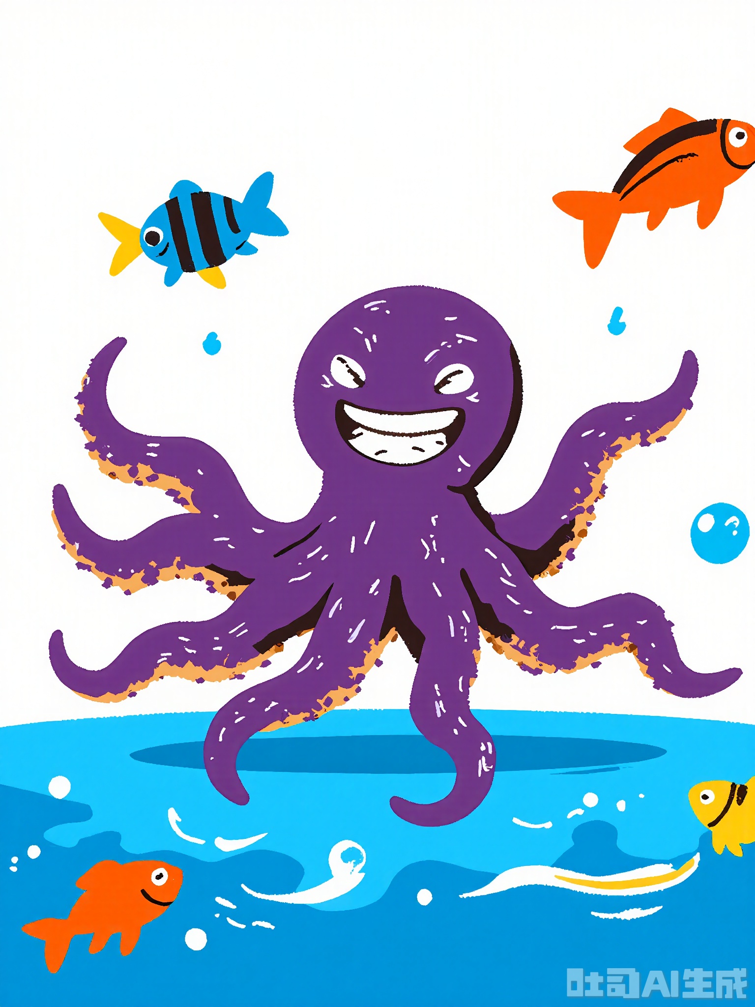 ETTY, A playful, scribbly illustration of a purple octopus with a big, silly grin. The octopus is floating in the ocean, its tentacles waving around like they’re dancing. The scene includes colorful fish, wavy blue water, and a few floating bubbles, all drawn with bold, uneven lines and filled in with vibrant hues.
