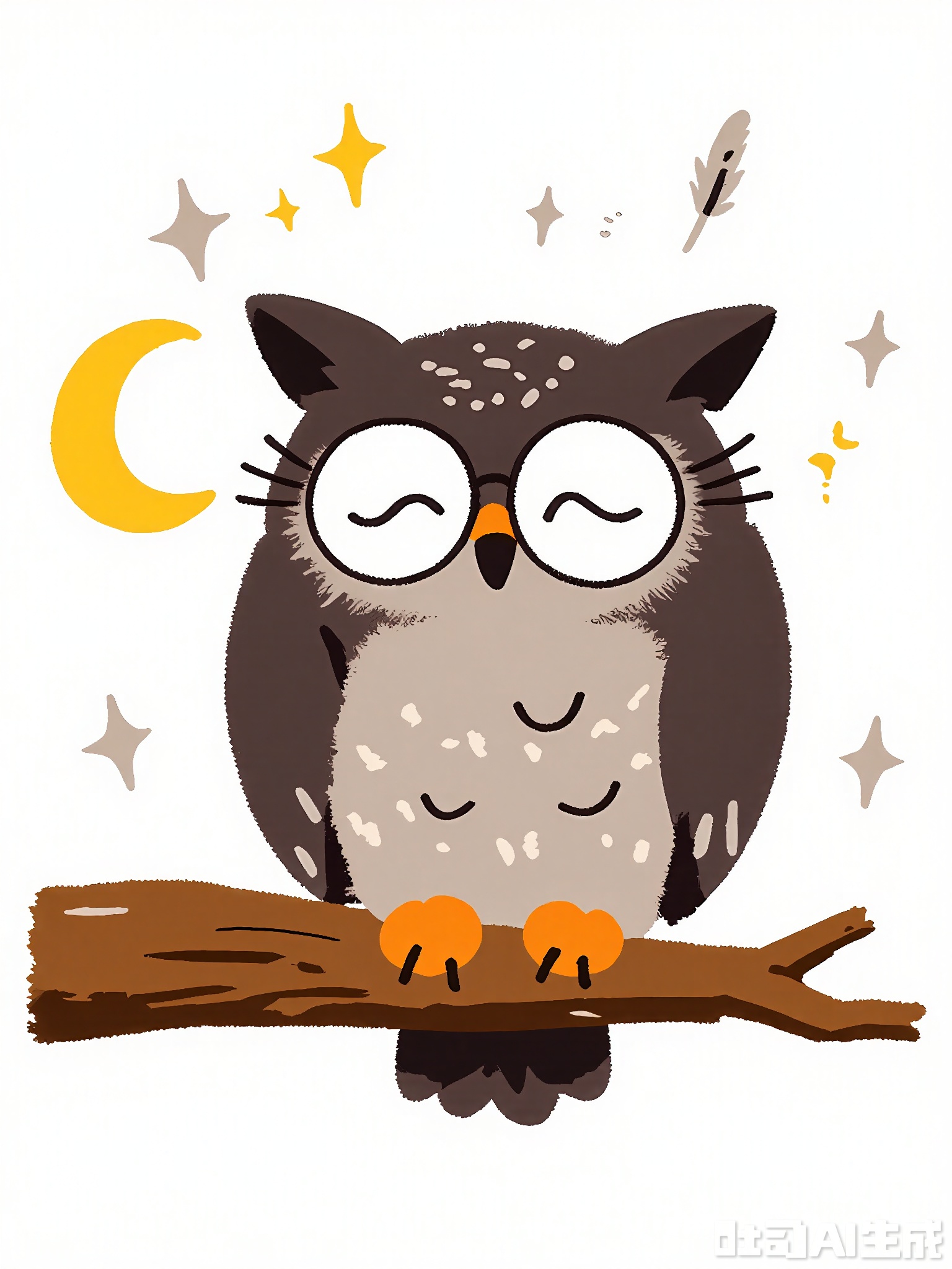 ETTY, A funny, scribbled cartoon of a sleepy gray owl with huge round glasses. The owl is perched on a brown branch, its head nodding forward as if dozing, with a tiny yellow moon and stars twinkling behind it. The scene is filled with wavy lines, dotted patterns, and a few floating feathers, all in soft pastel shades.
