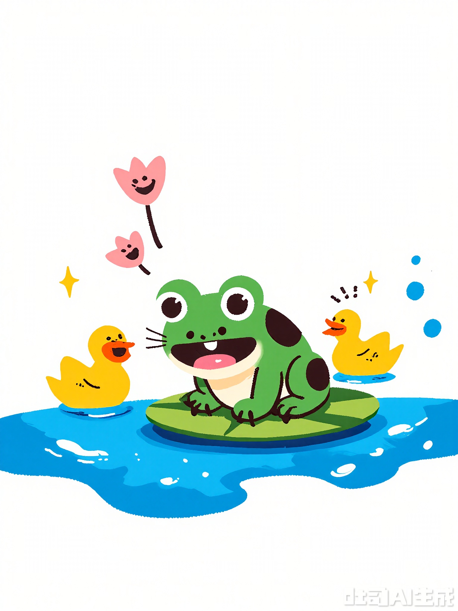 ETTY, A charming, rough sketch of a tiny green frog sitting on a lily pad. The frog is holding a pink flower in its hand and has a big, happy smile. The scene features wavy blue water, floating bubbles, and a few yellow ducks swimming nearby, all outlined in black and colored in with quick, energetic strokes.
