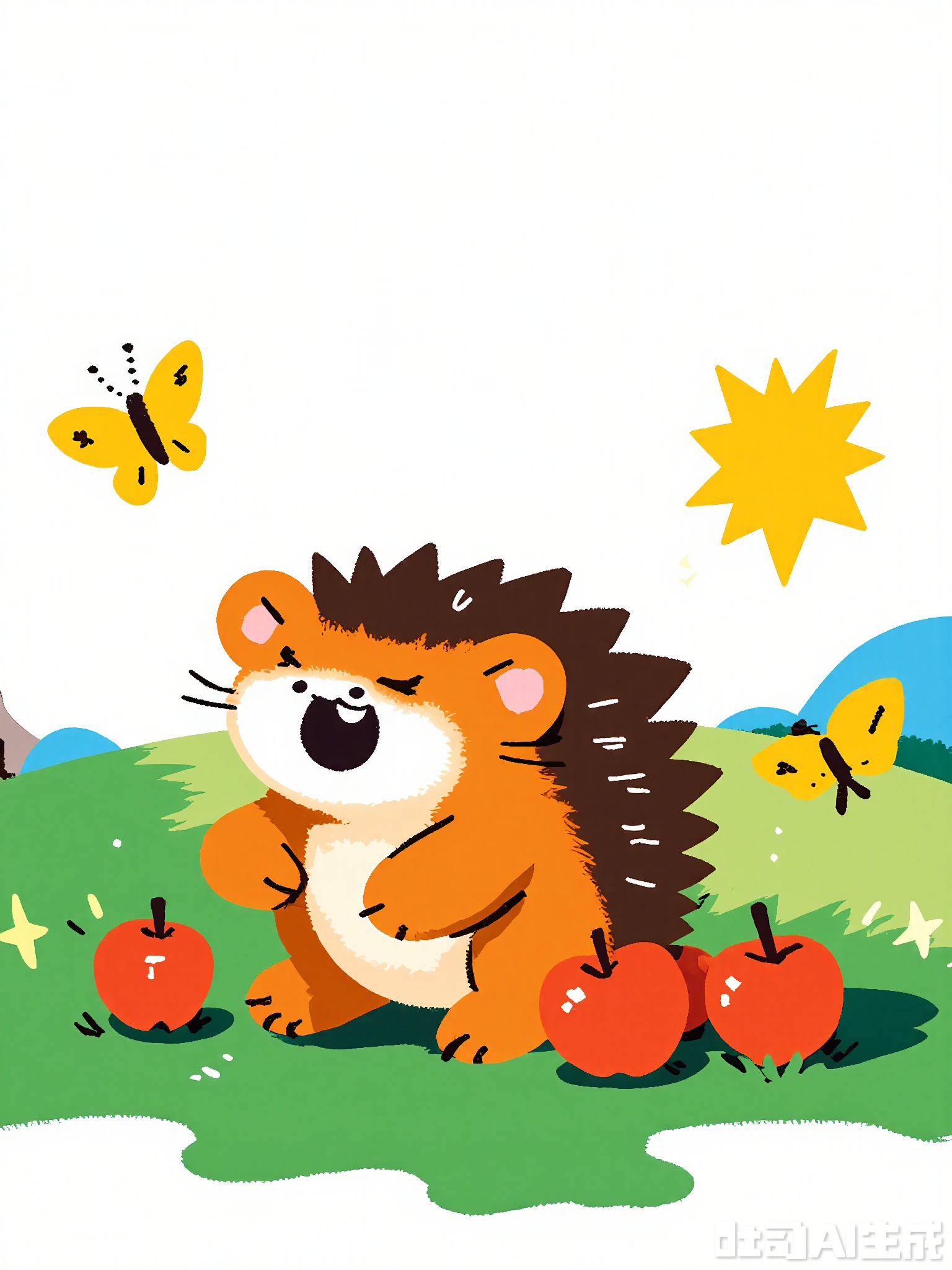 ETTY, A whimsical, child’s illustration of a brown hedgehog with spiky quills. The hedgehog is rolling into a ball, surrounded by a few scattered apples. The scene features a wavy green grassy field, a few floating butterflies, and a distant yellow sun, all drawn with thick, wobbly lines and bright, cheerful colors.
