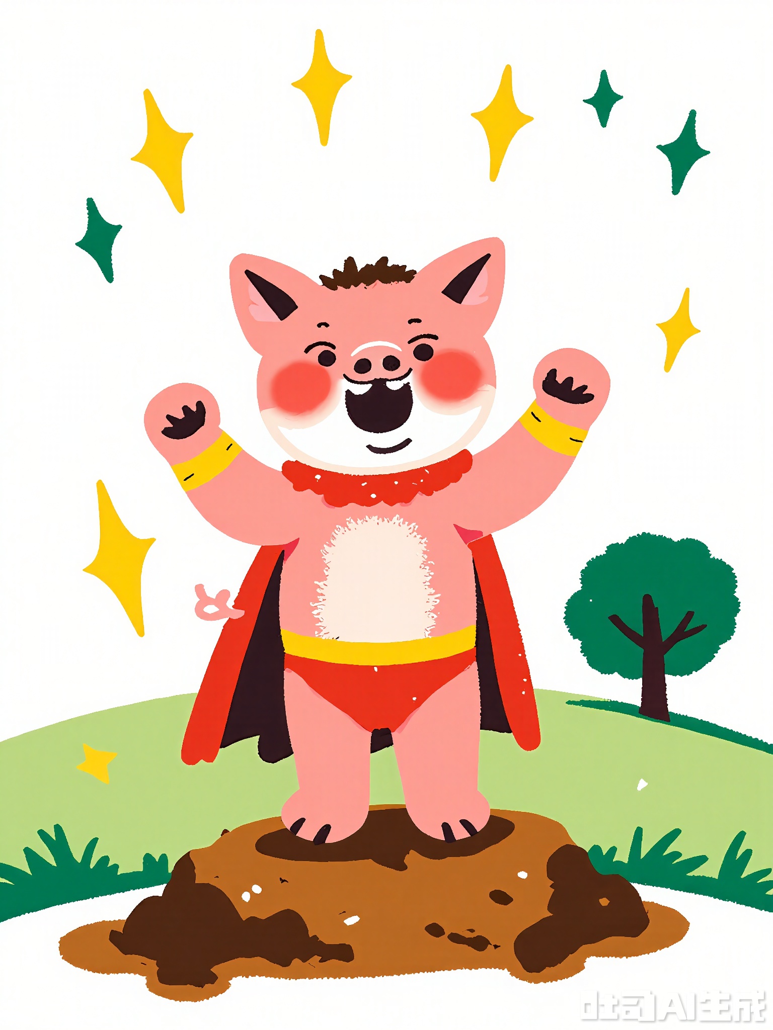 ETTY, A bubbly, hand-drawn picture of a pink piglet wearing a red superhero cape. The piglet is standing on a pile of mud, flexing its tiny arms and grinning proudly. The background has floating stars, a yellow lightning bolt, and a green hill with a single tree, all outlined in black and colored in with bright, messy patches.
