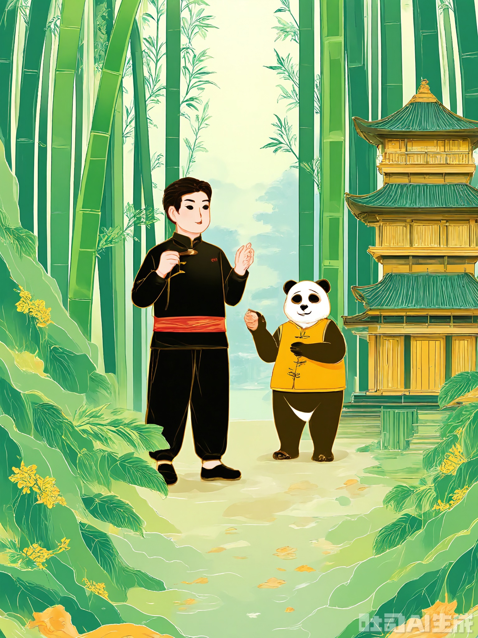 XSGC, Digital illustration of a mystical bamboo forest with a martial artist wearing a black uniform and a red sash, practicing kung fu among the bamboo stalks. The forest is filled with sunlight filtering through the leaves, creating a dappled effect on the ground. The sky is a light green and a panda is munching on bamboo. The colors are earthy and the style is new Chinese national trend with a dynamic energy.
