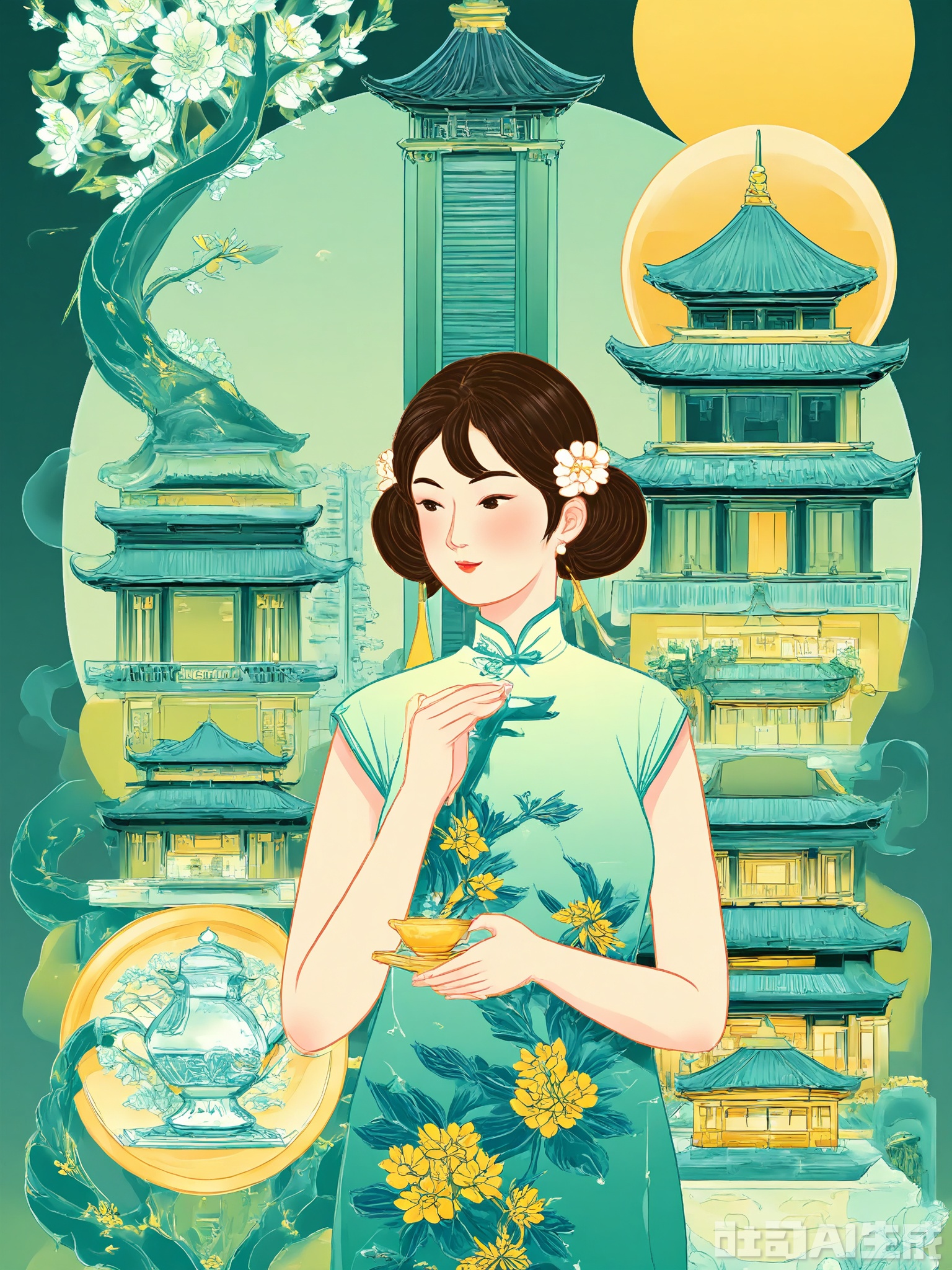 XSGC, Digital art of a peaceful garden setting with a woman standing beneath a blossoming cherry tree. She wears a flowing green qipao adorned with peony motifs and a pearl hairpin. The backdrop features a traditional pavilion and a sleek, glass-fronted building, symbolizing the fusion of old and new. The mood is calm and poetic, with soft pink and green hues. The woman is looking upwards, cradling a small porcelain teacup in her palms.
