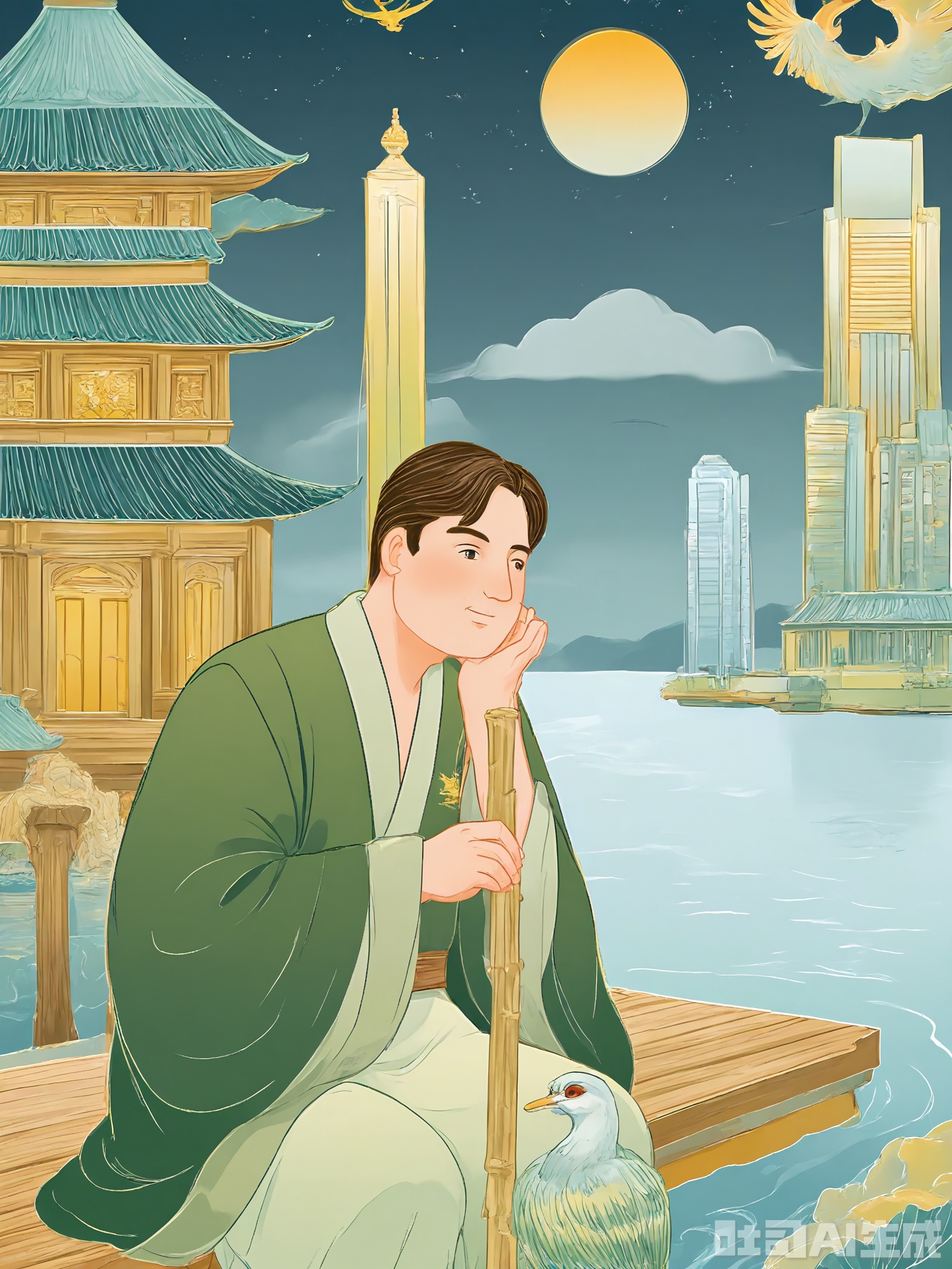 XSGC, Digital art of a contemplative lakeside moment with an elderly man meditating on a wooden dock. He is wearing a simple brown daoist robe with a crane emblem and a wooden staff by his side. The backdrop includes a tranquil lake and a futuristic city skyline, reflecting the coexistence of tradition and progress. The mood is serene and introspective, with cool blues and greens. The man is gazing at the water, with his hands resting gently on his knees.
