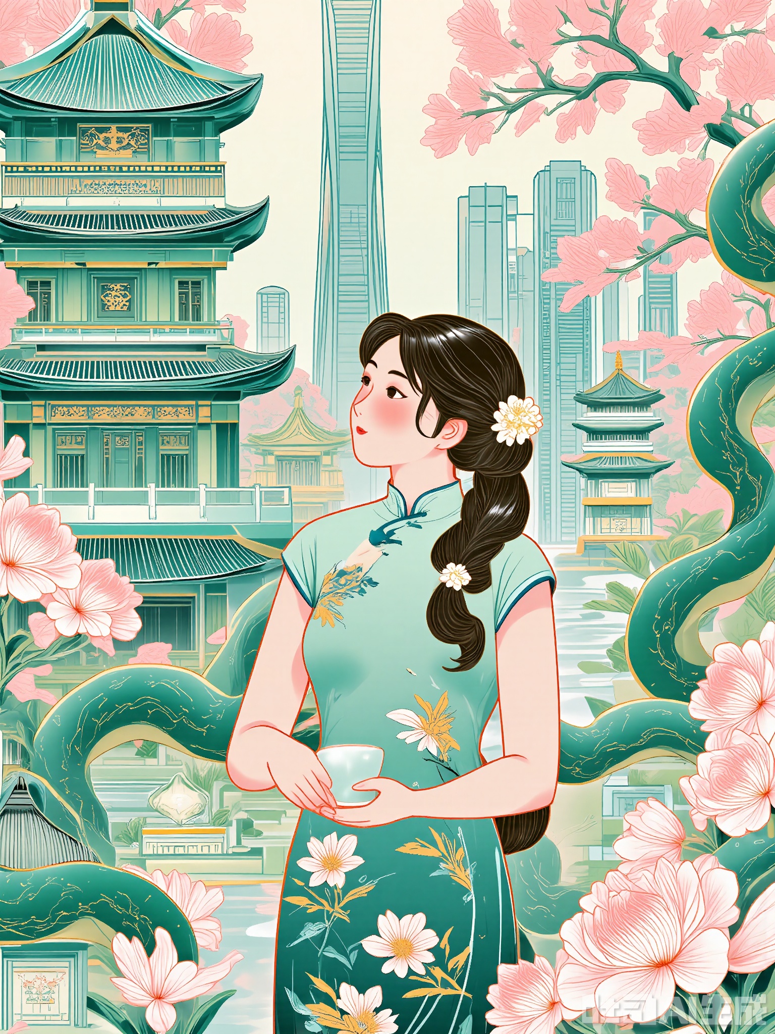 XSGC, Digital art of a peaceful garden setting with a woman standing beneath a blossoming cherry tree. She wears a flowing green qipao adorned with peony motifs and a pearl hairpin. The backdrop features a traditional pavilion and a sleek, glass-fronted building, symbolizing the fusion of old and new. The mood is calm and poetic, with soft pink and green hues. The woman is looking upwards, cradling a small porcelain teacup in her palms.
