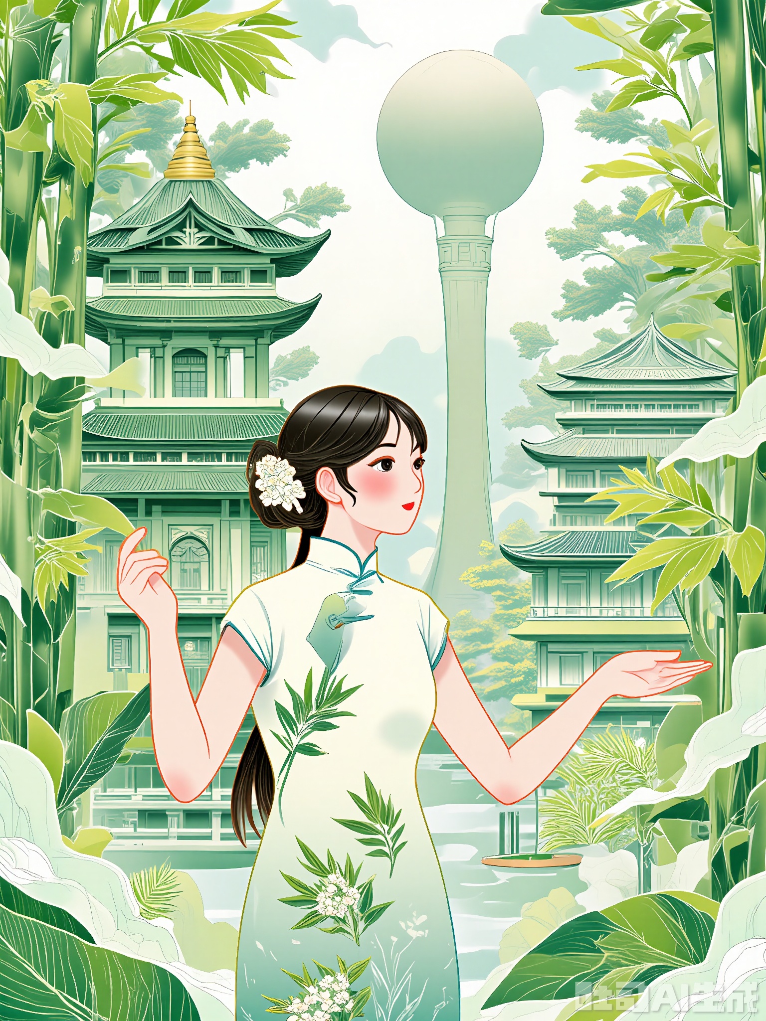 XSGC, Digital art of a dreamy bamboo grove scene with a young woman dancing among the stalks. She is dressed in an elegant white cheongsam with bamboo leaf patterns and a silver hair comb. The background reveals a hidden temple and a modern observatory, blending mysticism with science. The atmosphere is ethereal and graceful, with soft whites and greens. The woman is twirling lightly, holding a silk fan in her outstretched hand.
