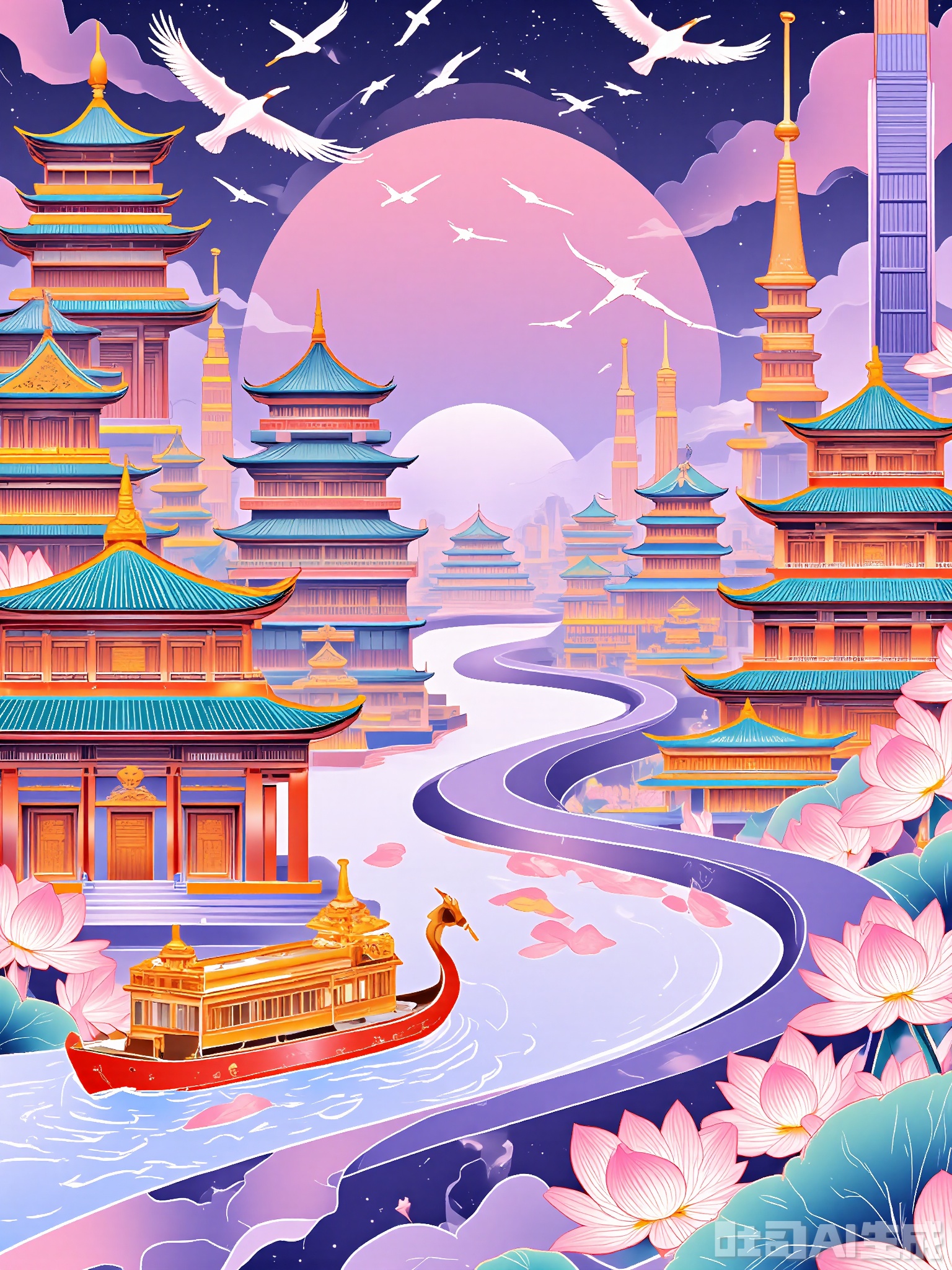 XSGC, Digital illustration of an ancient-inspired city with a winding canal in the foreground, featuring a traditional red-and-gold dragon boat gliding gracefully. The cityscape includes pagodas and ornate buildings in hues of terracotta and jade. A flock of cranes soars in the sky above the city. The background is a soft gradient of twilight purples and pinks. The canal is lined with willow trees and blooming lotus flowers in shades of pink and white. The illustration style is clean and vibrant, with a new-Chinese aesthetic that blends traditional motifs with modern flair.
