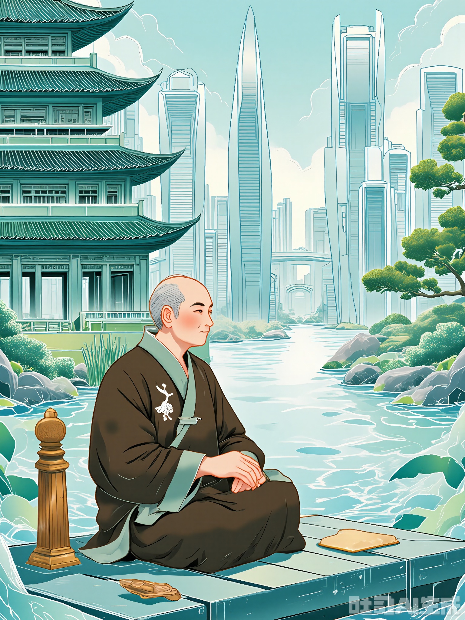 XSGC, Digital art of a contemplative lakeside moment with an elderly man meditating on a wooden dock. He is wearing a simple brown daoist robe with a crane emblem and a wooden staff by his side. The backdrop includes a tranquil lake and a futuristic city skyline, reflecting the coexistence of tradition and progress. The mood is serene and introspective, with cool blues and greens. The man is gazing at the water, with his hands resting gently on his knees.
