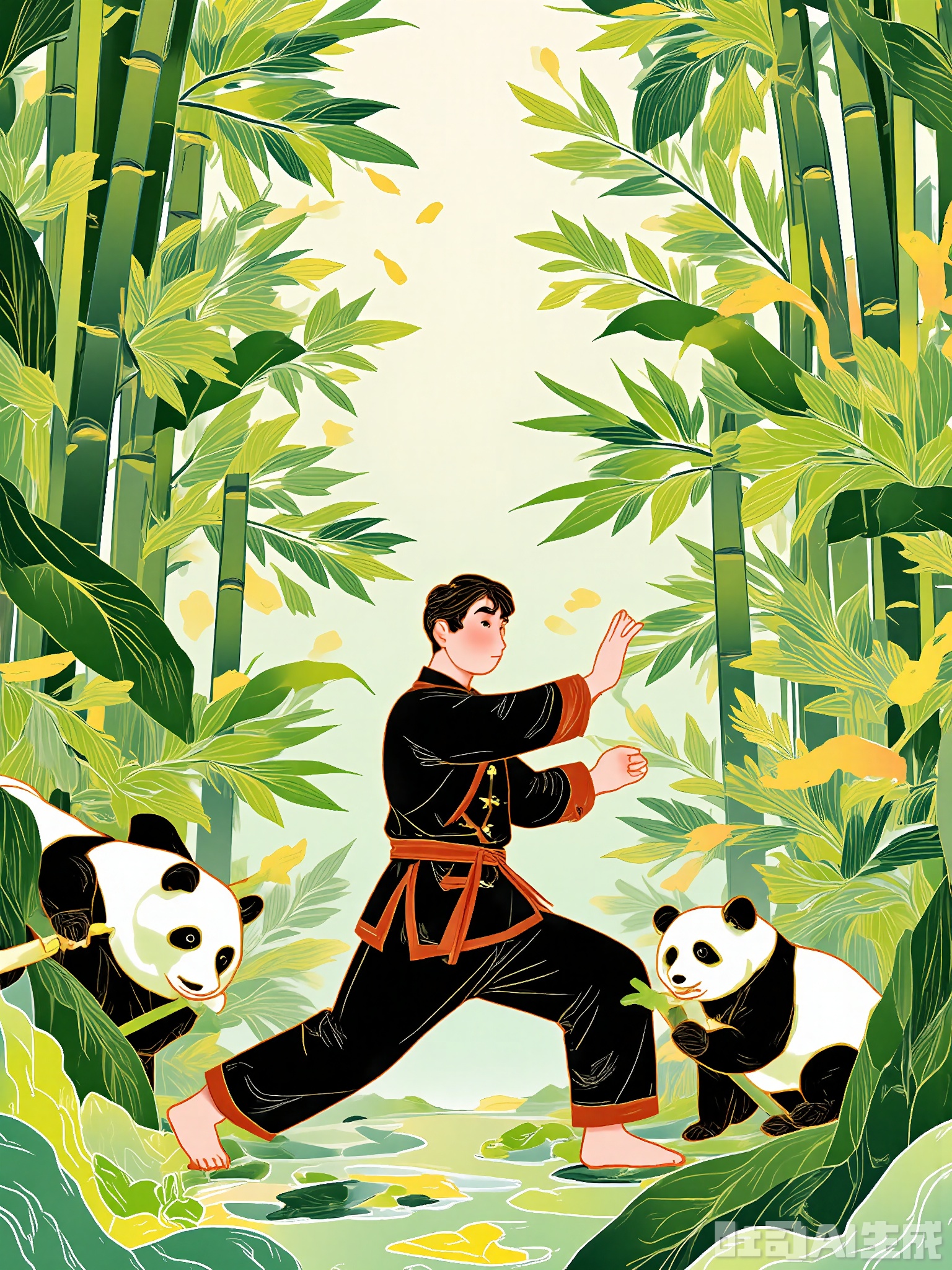 XSGC, Digital illustration of a mystical bamboo forest with a martial artist wearing a black uniform and a red sash, practicing kung fu among the bamboo stalks. The forest is filled with sunlight filtering through the leaves, creating a dappled effect on the ground. The sky is a light green and a panda is munching on bamboo. The colors are earthy and the style is new Chinese national trend with a dynamic energy.
