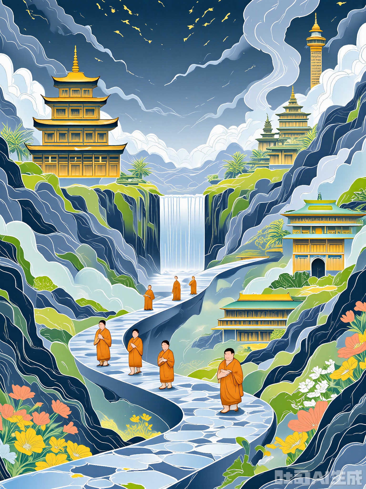 XSGC, Digital illustration of a serene mountain monastery with a stone pathway in the foreground, featuring monks in saffron robes walking in meditation. The monastery is nestled among the clouds, with prayer flags fluttering in the breeze and incense smoke curling upwards in shades of gray and white. A waterfall cascades down the mountainside, its sound echoing through the valley. The background is a deep blue sky with a few wispy clouds. The pathway is lined with wildflowers and moss-covered rocks in shades of green and yellow. The illustration style is peaceful and spiritual, with a new-Chinese reverence for nature and inner peace.
