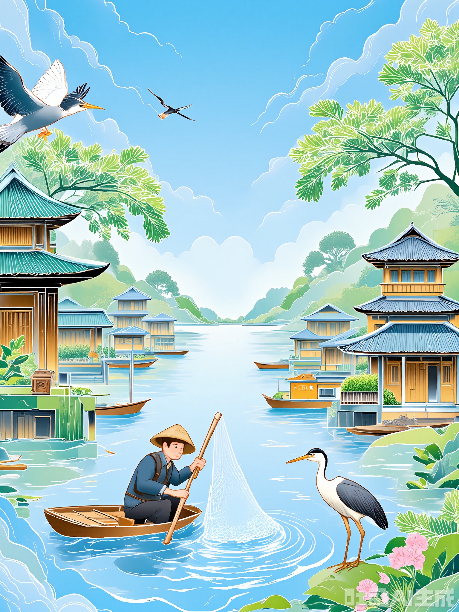 XSGC, Digital artwork of a tranquil riverside village with a fisherman wearing a conical hat and a bamboo vest, casting his net into the river. The village is lined with wooden houses on stilts, with boats docked along the riverbank and willow trees swaying in the breeze. The sky is a clear blue and a heron is standing on one leg. The colors are soft and the style is new Chinese national trend with a peaceful vibe.
