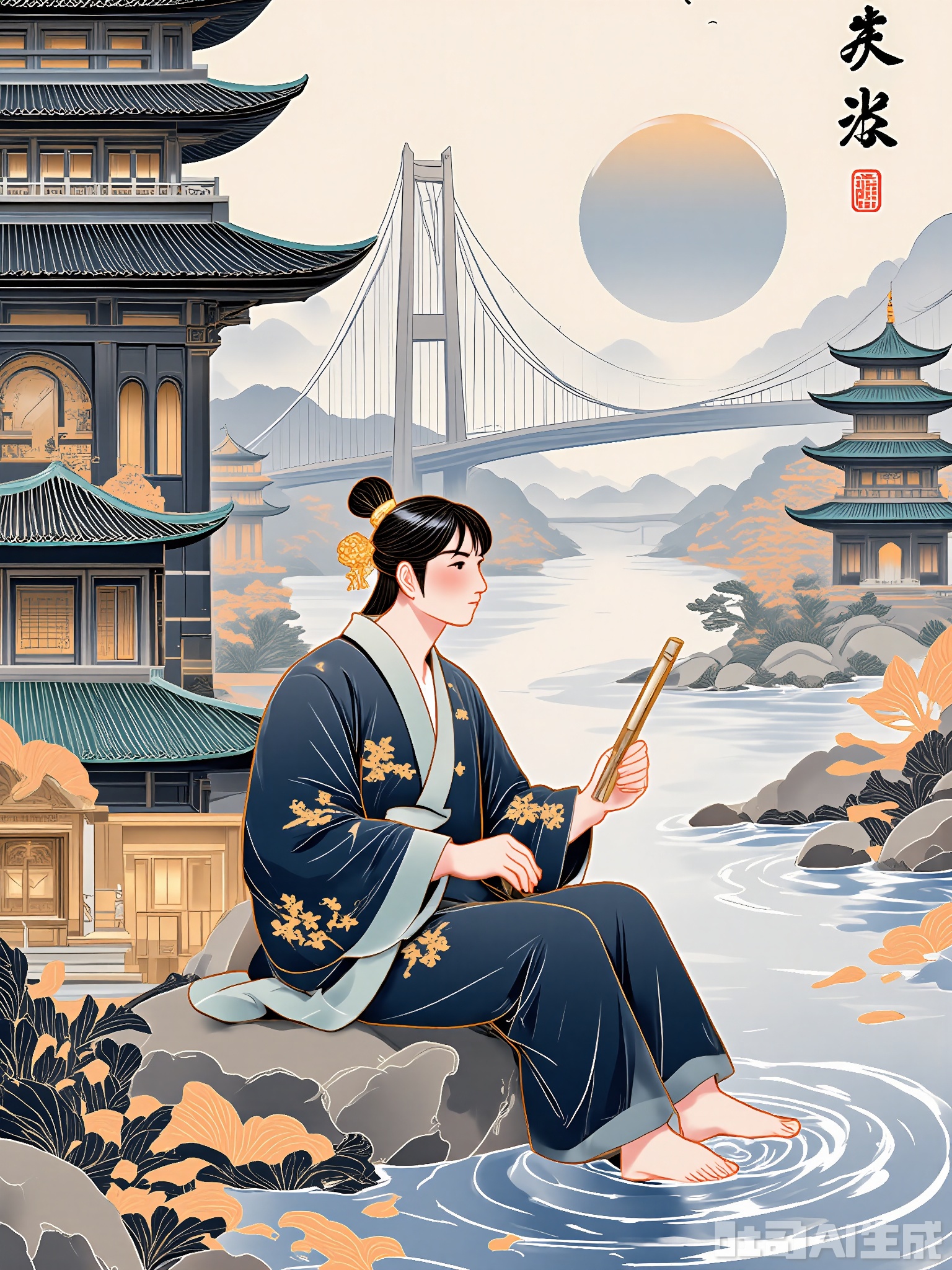 XSGC, Digital art of a tranquil riverside scene featuring a man seated on a rock with gentle waves lapping at his feet. He is dressed in a traditional blue hanfu with golden cloud patterns and a jade pendant. The background reveals a misty mountain range and a modern suspension bridge, merging ancient and contemporary aesthetics. The ambiance is serene and reflective, with muted earth tones. The man is gazing into the distance, holding a delicate bamboo flute in his hands.
