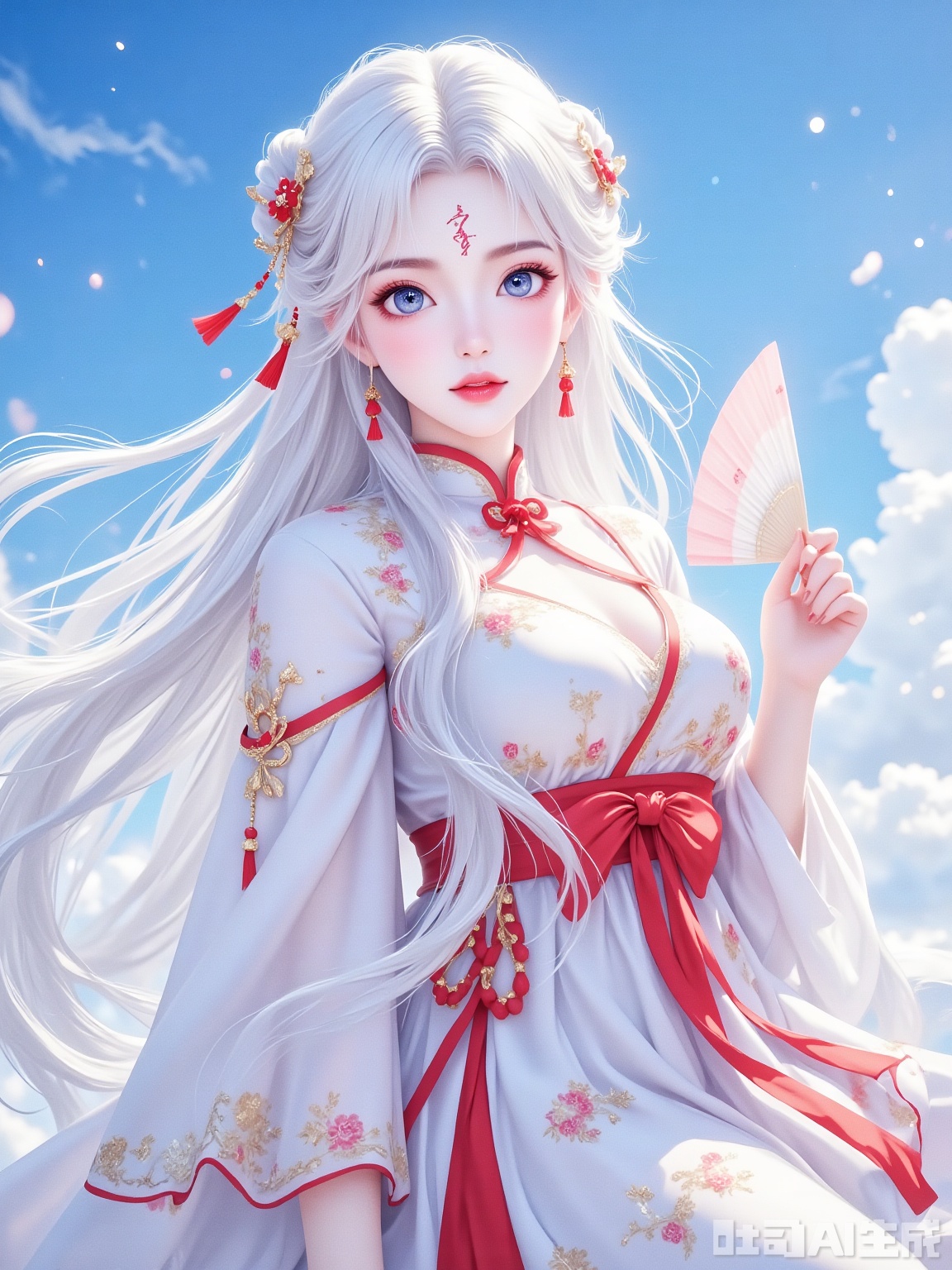 HDR,UHD,best quality,Highly detailed,masterpiece,Professional,,1girl,solo,hanfu,forehead mark,white hair,long hair,hand fan,facial mark,chinese clothes,hair ornament,looking at viewer,blue eyes,holding,long sleeves,dress,outdoors,day,red lips,sky,breasts,wide sleeves,blue sky,sash,braid,

