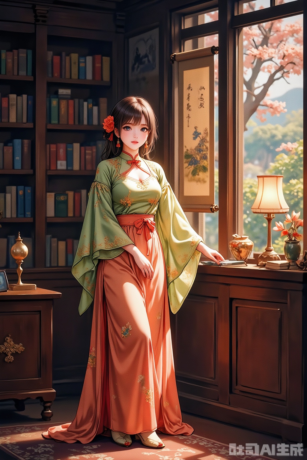 Character: Dressed in bean-green narrow-sleeve ru top and apricot mamian skirt (shoulders with intertwined lotus embroidery, skirt front with gold-woven twin lotus, crimson palace ribbon, embroidered shoes), standing by bookshelf—right hand pulling bamboo slip, left hand pressing shelf, body slightly leaning with 侧脸toward books, hair slipping over shoulder.​
Background: Old study with bookshelves full of classics, flickering candle on the desk, landscape scroll on the wall, and dark-patterned carpet.​
Atmosphere: Quiet and antique, filled with ink fragrance, dim light dominated by candlelight, creating a focused and serene reading mood.​
Parameters: Ink-wash freehand style, smooth flowing lines, light hazy colors, natural fabric folds, light and shadow like smudged ink.