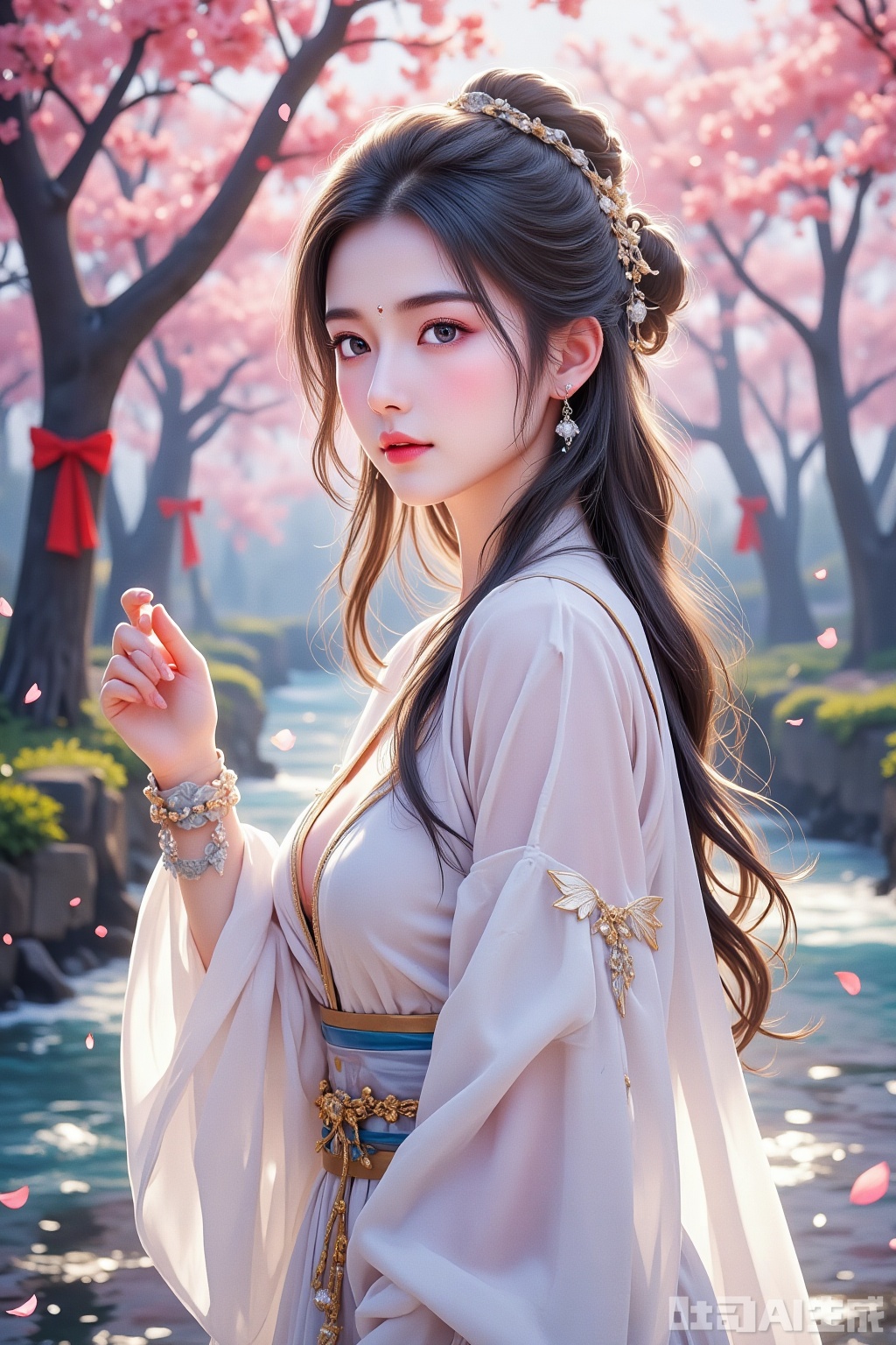 Character: Ancient style bride, shark silk wedding dress is half wet, moonlight white clothes appear and wet hair falls, golden steps shaking between hair, eyebrow peaks with knife marks, wrist wears silver wrist guards, lips with blood beads, sharp eyes, and softness, both the bride's softness and warrior heroism
Environment: Bluestone Stream, trees are full of scarlet flowers, petals fall on the water, morning mist over the stream, light comes through the forest, and there are residual shadows of flags on the other side
Atmosphere: cool and determined, softness and heroic spirit intertwined, seemingly unfinished, full of story
Shooting parameters: Ultra HD picture quality, 16K resolution, macro lens, large aperture, depth of field effect highlights the subject, strong contrast between light and dark, clear details, full colors and ancient texture, movie poster composition