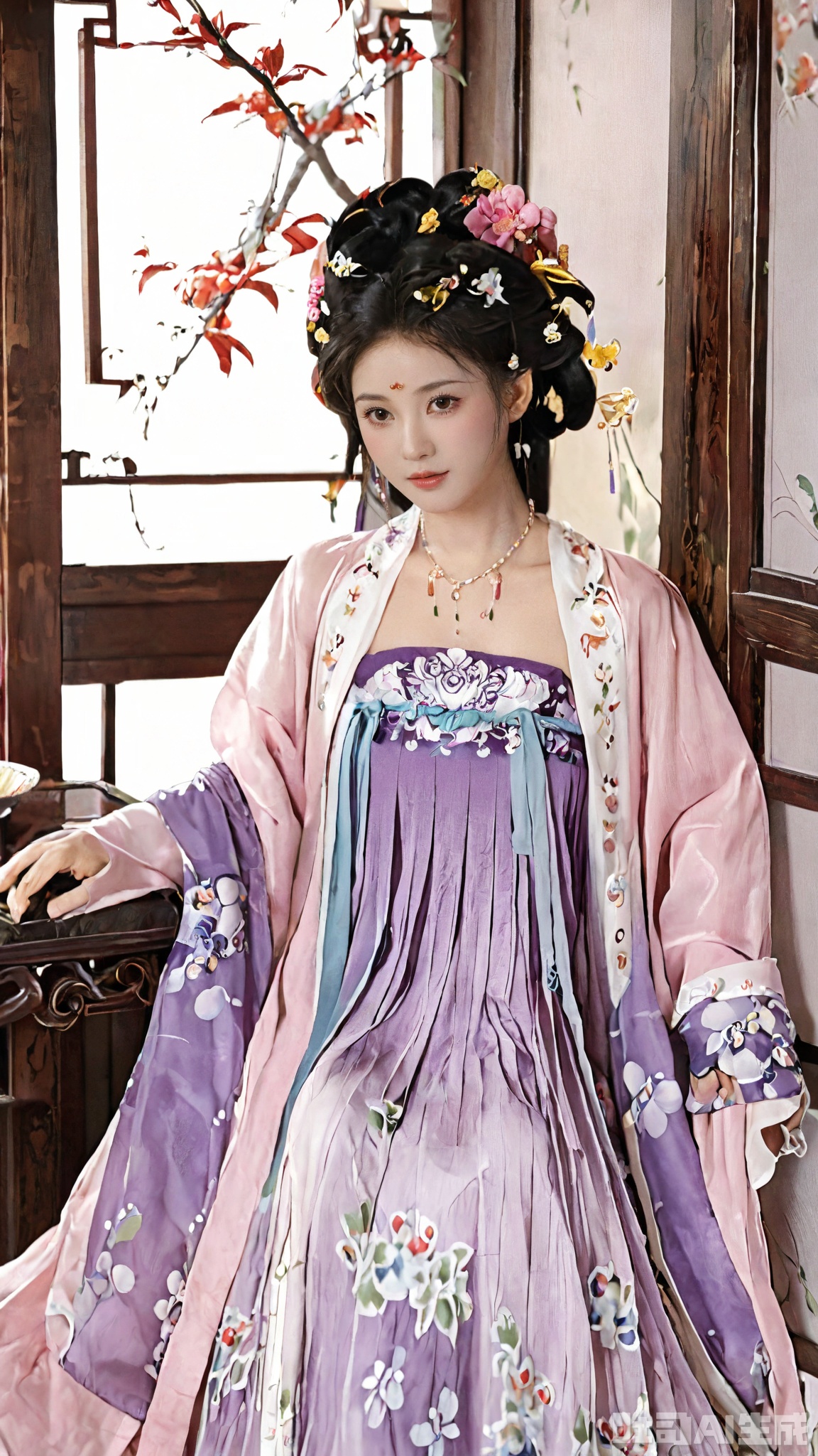 Best quality, Realistic, photorealistic, masterpiece,1girl, solo, long hair, black hair,Hairpins,necklace, hair ornament, dress, full body, flower, earrings, indoors, hair bun, (purple-pink dress),(Tube top Hanfu long skirt:1.1), pillow, bed, night, chinese clothes, table, branch,daxiushan, ,daxiushan style,(huge breasts:2.29), (full breasts:2.29), realistic,hanfu, daxiushan,Shoulders are exposed, Xmingzhihanfu,Xtangqixiongshanqun,Xqinghannu,Xsongzhihanfu