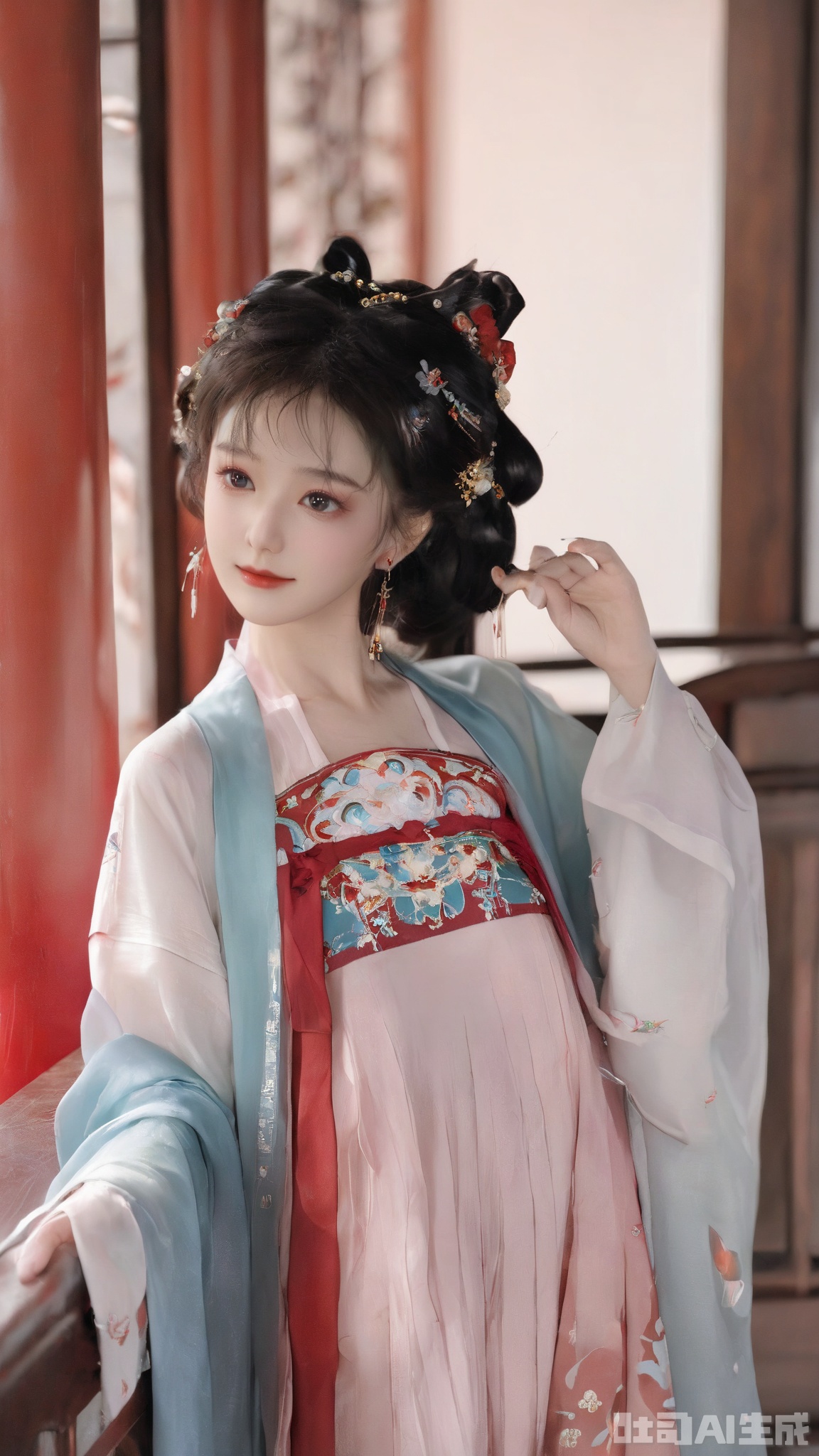  (masterpiece, top quality, best quality, official art, beautiful and aesthetic:1.2),gf-hd, 1girl, solo, hair ornament, jewelry,hanfu dress, red dress, earrings, chinese clothes, brown hair, ribbon, hanfu, red ribbon, shawl, song_hanfu,(big breasts:1.59), monkren,Xmingzhihanfu,Xtangqixiongshanqun,Xqinghannu,Xsongzhihanfu