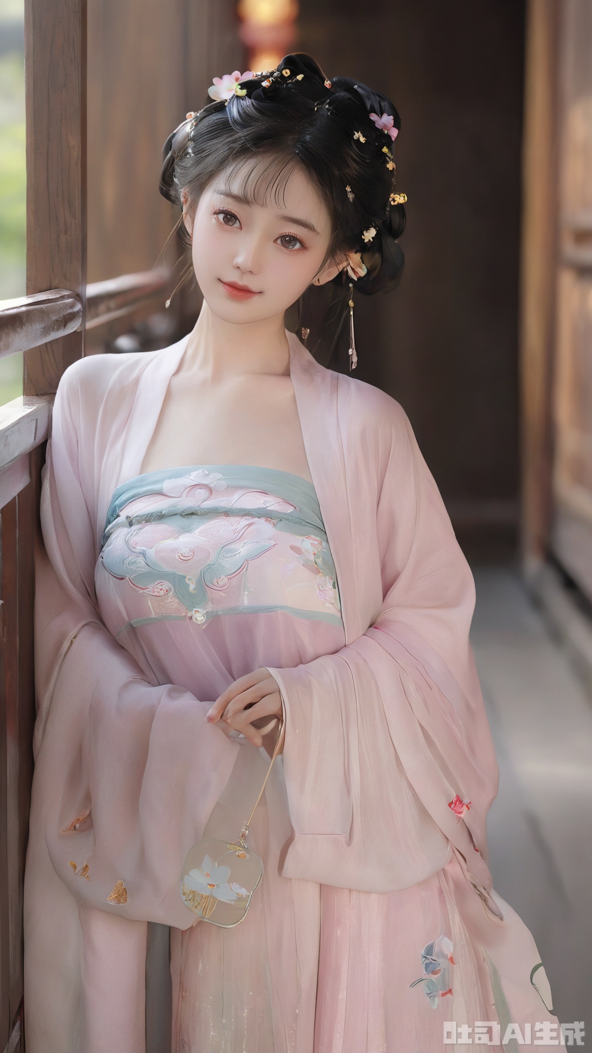 Best quality, Realistic, photorealistic, masterpiece, extremely detailed CG unity 8k wallpaper, best illumination, best shadow, huge filesize ,(huge breasts:2.2), incredibly absurdres, absurdres, looking at viewer, transparent, smog, gauze, vase, petals, room, ancient Chinese style, detailed background, wide shot background, (((1gilr,black hair))),(Sitting on the lotus pond porch:1.39) ,(huge breasts:2.3),(A pond full of pink lotus flowers:1.3),close up of 1girl,Hairpins,hair ornament,hair wings,slim,narrow waist,(huge breasts:2.39),perfect eyes,beautiful perfect face,pleasant smile,perfect female figure,detailed skin,charming,alluring,seductive,erotic,enchanting,delicate pattern,detail,delicate intricate fabrics, Morning Serenade In the gentle morning glow, (a woman in a pink lotus-patterned Hanfu stands in an indoor courtyard:1.26),admiring the tranquil garden scenery. The lotus-patterned Hanfu, embellished with silver-thread embroidery, is softly illuminated by the morning light, with a blurred background to enhance the peaceful atmosphere,(huge breasts:2.59),,Xmingzhihanfu,Xtangqixiongshanqun,Xqinghannu,Xsongzhihanfu