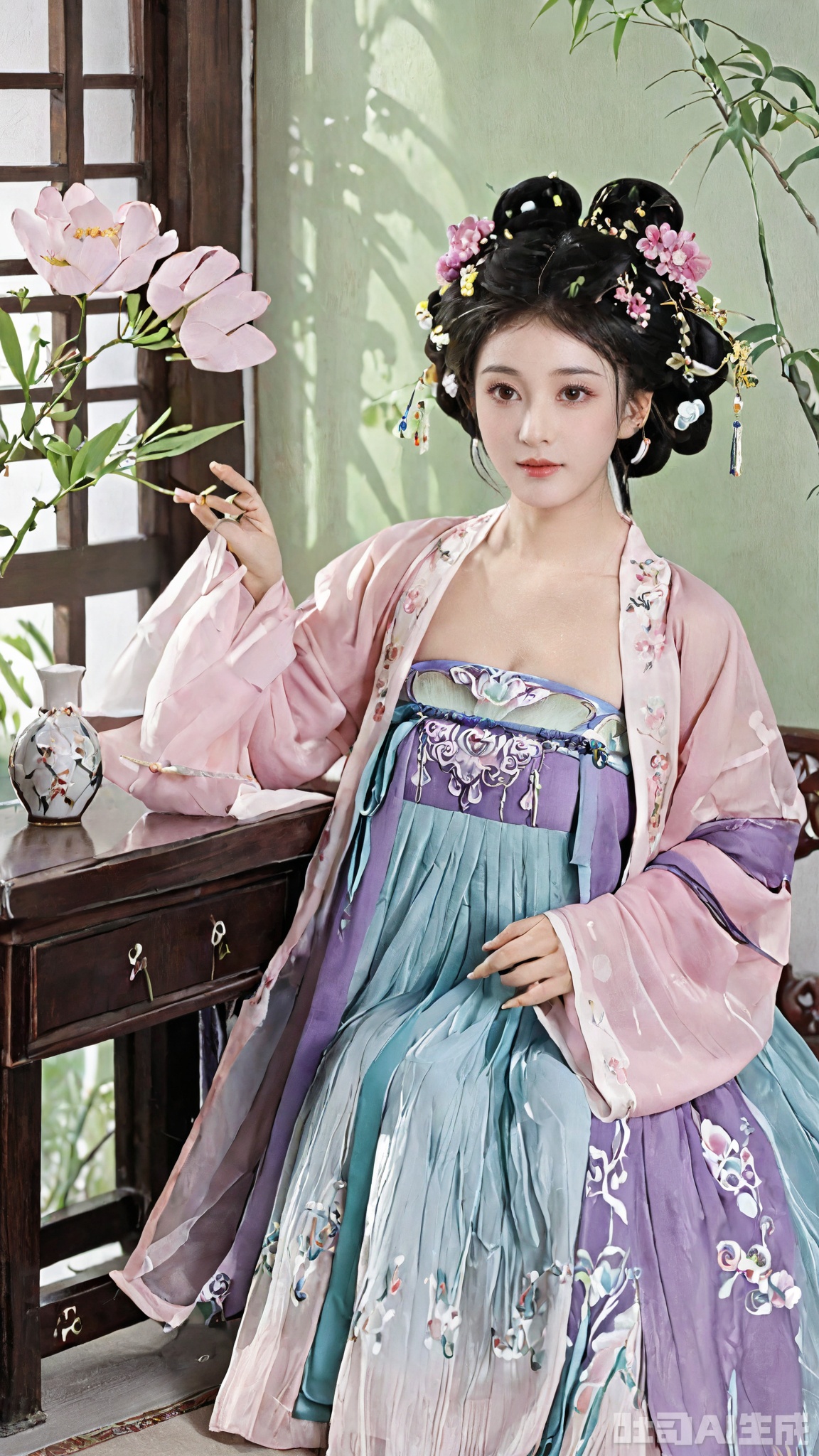 Best quality, Realistic, photorealistic, masterpiece,1girl, solo, long hair, black hair,Hairpins,necklace, hair ornament, dress, full body, flower, earrings, indoors, hair bun, (purple-pink dress),(Tube top Hanfu long skirt:1.1), pillow, bed, night, chinese clothes, table, branch,daxiushan, ,daxiushan style,(huge breasts:2.29), (full breasts:2.29), realistic,hanfu, daxiushan,Shoulders are exposed, Xmingzhihanfu,Xtangqixiongshanqun,Xqinghannu,Xsongzhihanfu
