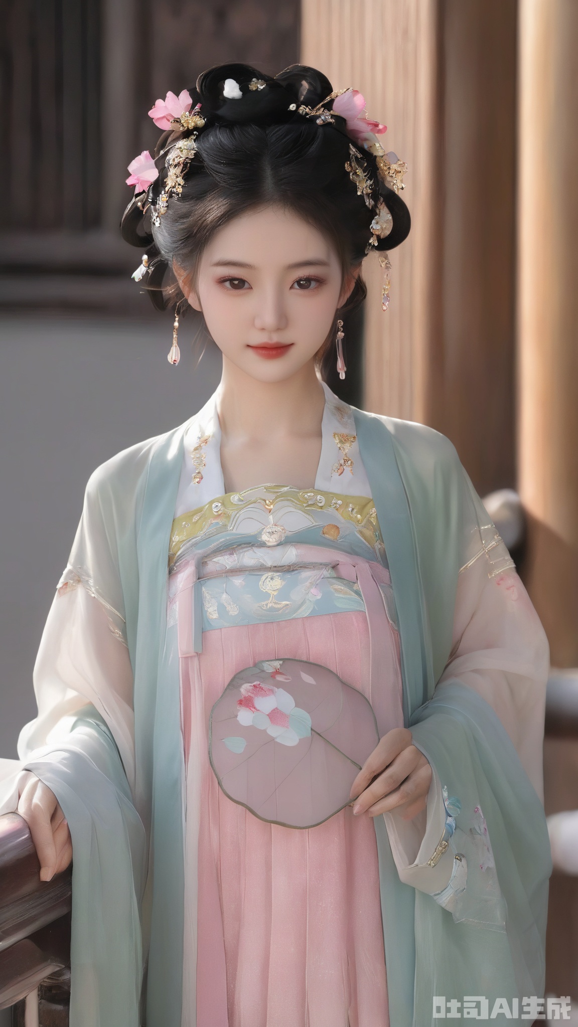 Best quality, Realistic, photorealistic, masterpiece, extremely detailed CG unity 8k wallpaper, best illumination, best shadow, huge filesize ,(huge breasts:2.2), incredibly absurdres, absurdres, looking at viewer, transparent, smog, gauze, vase, petals, room, ancient Chinese style, detailed background, wide shot background, (((1gilr,black hair))),(Sitting on the lotus pond porch:1.39) ,(huge breasts:2.3),(A pond full of pink lotus flowers:1.3),close up of 1girl,Hairpins,hair ornament,hair wings,slim,narrow waist,(huge breasts:2.39),perfect eyes,beautiful perfect face,pleasant smile,perfect female figure,detailed skin,charming,alluring,seductive,erotic,enchanting,delicate pattern,detail,delicate intricate fabrics, Morning Serenade In the gentle morning glow, (a woman in a pink lotus-patterned Hanfu stands in an indoor courtyard:1.26),admiring the tranquil garden scenery. The lotus-patterned Hanfu, embellished with silver-thread embroidery, is softly illuminated by the morning light, with a blurred background to enhance the peaceful atmosphere,(huge breasts:2.59),,Xmingzhihanfu,Xtangqixiongshanqun,Xqinghannu,Xsongzhihanfu