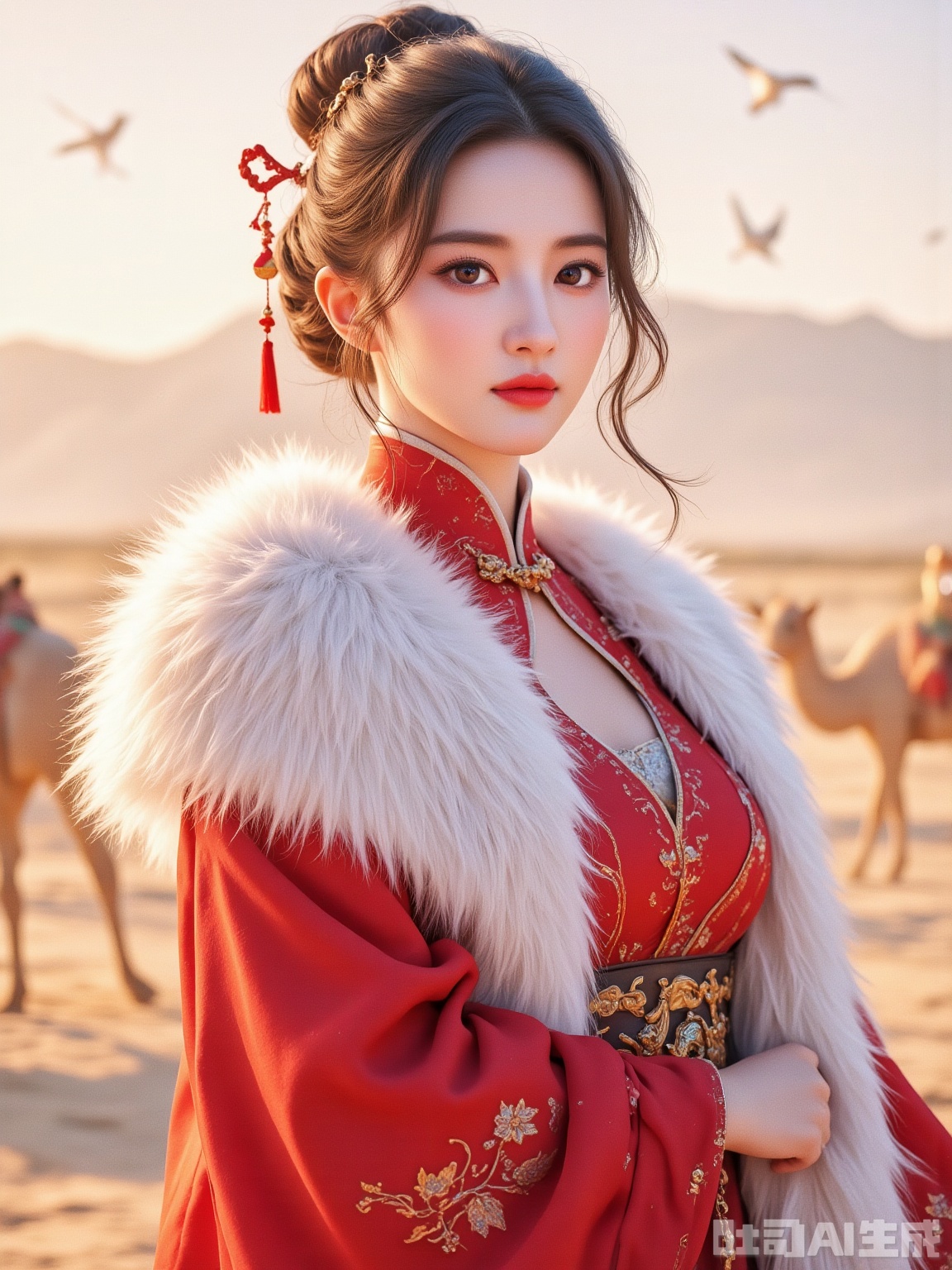 Character: Young Wang Zhaojun, wearing a crimson beard suit, with a white fox fur coat, Zhaojun hat hanging from the marten tail and brushing across her cheeks, holding a pipa in her hand, her eyes both had nostalgia for Chang'an and the determination to "harmony with the body". The Han-style shaking on her hair bun and the Hun golden bells on her waist are a fusion of Han-Hu culture.
Environment: On the ancient desert road, camels slowly moved forward with dowry, yellow sand spread across the horse's hooves, geese flying south in the distance, lonely smoke rising straight into the blue sky, the setting sun stretched out her shadow very long, behind her were the mountains and rivers of the Central Plains that were gradually moving away, and in front was the vast grassland.
Atmosphere: The tragic and heroic spirit is wrapped in relief, the personal sacrifice and the weight of peace are intertwined, as if there is the sorrow of "a thousand years of pipa as a hu language", and it also contains the grandeur beyond the personal destiny.
Shooting parameters: 8K ultra-high definition, telephoto lens compresses the sense of space, highlighting the contrast between people and desert, aperture f/5.6 retains the distance layer, light takes backlight on the side of dusk, making the edges of Hu clothing look gold-edged, and the tone is smudged with crimson red as the base, replicating the epic movie feeling of "Zhaojun going out of the frontier".