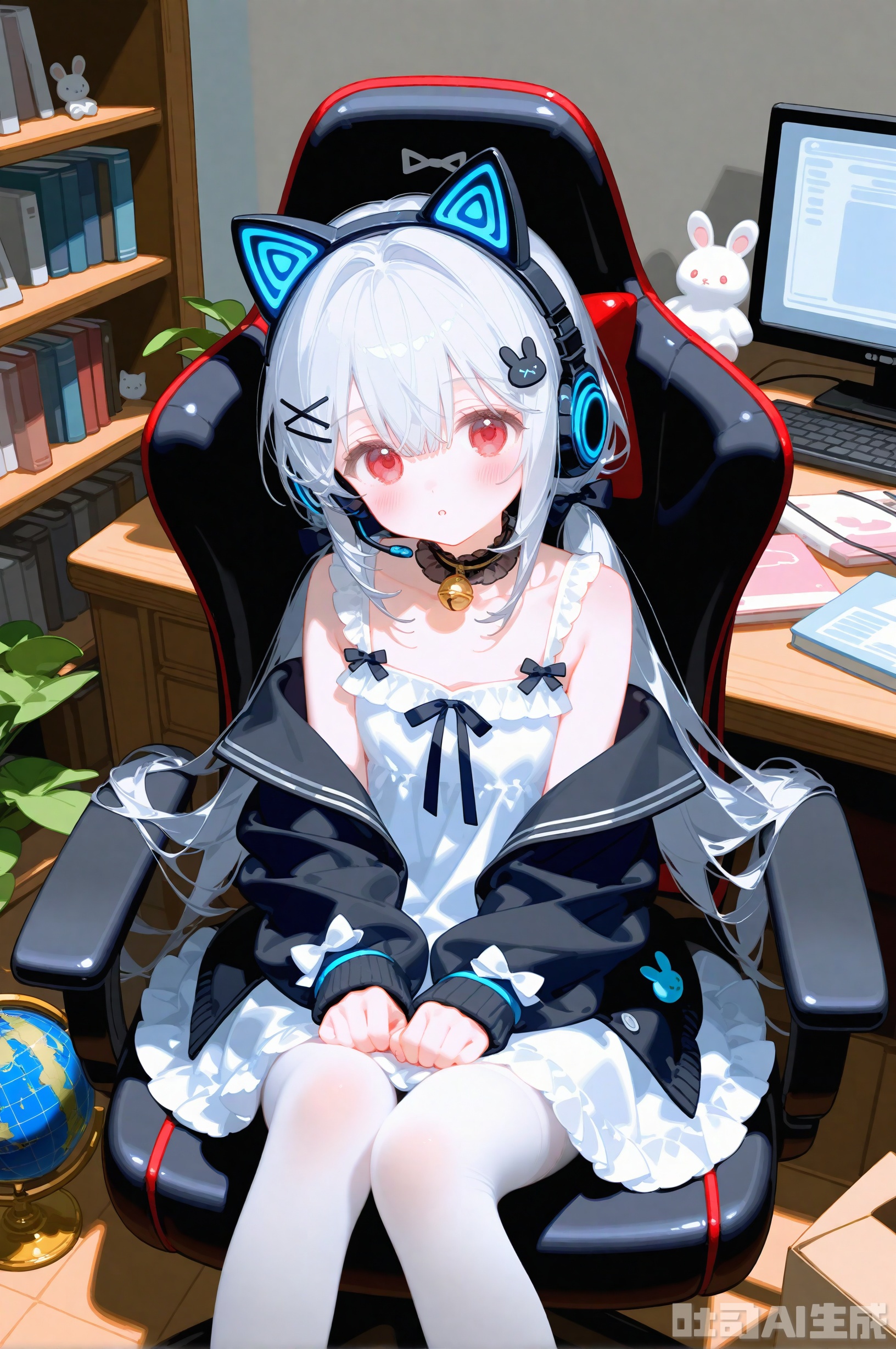artist:ciloranko,1girl,solo,fake animal ears,white pantyhose,headphones,animal ear headphones,animal ears,rabbit hair ornament,red eyes,long hair,sitting,knees up,twintails,low twintails,white hair,pantyhose,frills,looking at viewer,hair ornament,bell,blush,bag,swivel chair,x hair ornament,indoors,closed mouth,neck bell,rabbit ears,sleeveless,jingle bell,off shoulder,hairclip,hair bow,white dress,on chair,collarbone,choker,bow,stuffed toy,bare shoulders,stuffed animal,frilled choker,box,chair,office chair,dress,hair over shoulder,black choker,collar,bookshelf,stuffed rabbit,feet out of frame,hair between eyes,white bow,monitor,parted lips,frilled dress,sleeveless dress,jacket,white camisole,gaming chair,grey hair,desk,shirt,blue bow,shopping bag,cardboard box,book,white shirt,black collar,hair intakes,camisole,star (symbol),open clothes,white thighhighs,mouse (computer),cat ear headphones,headset,sleeveless shirt,globe,black ribbon,sidelocks,shelf,:o,heart hair ornament,black bow,heart,cat hair ornament,very long hair,