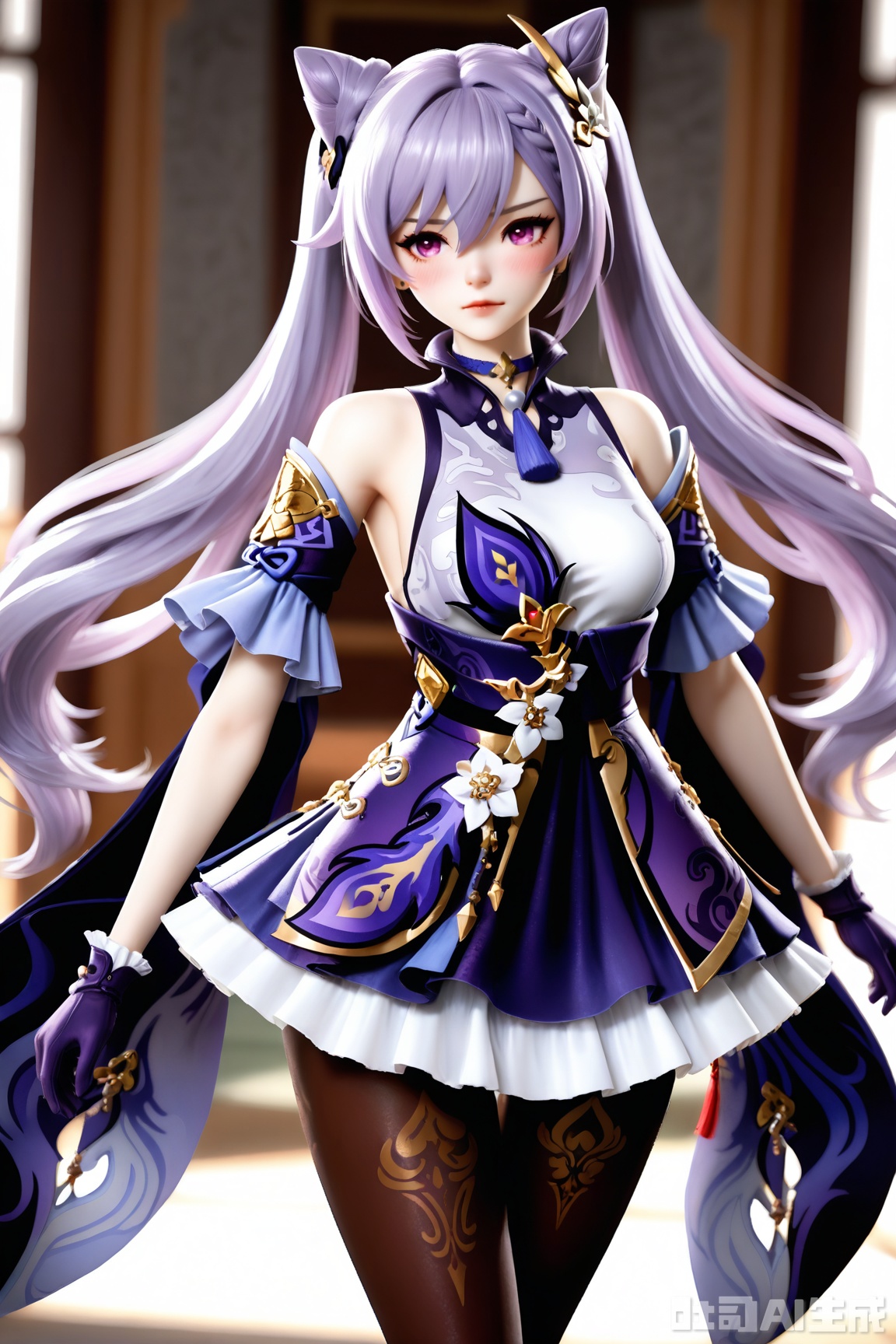 shuaiqiboy,shuaiqi,cg,3d art,photograph,3D 3D render CGI (dynamic pose, dynamic angle:1.2),CG,
1girl, solo, long hair, breasts, looking at viewer, blush, bangs, skirt, hair ornament, gloves, dress, hair between eyes, bare shoulders, twintails, medium breasts, standing, purple eyes, purple hair, braid, pantyhose, cowboy shot, frills, detached sleeves, choker, hair bun, black pantyhose, double bun, frilled dress, frilled skirt, frilled sleeves, brown pantyhose, cone hair bun, purple gloves, frilled gloves, neck tassel, keqing \(genshin impact\) ,,
masterwork, masterpiece, best quality, amazing quality, very aesthetic, absurdres, newest, (scenery, volumetric lighting), 8k, detail, sharp focus, HDR, bold outlines, strong shadows, high contrast, smooth gradients, ultra detailed, vibrant, stunningly beautiful, crisp lines, detailed, sleek, ultramodern, subtle shadows, intricate, professional, high-resolution, perfect lighting, very awa, ultradetailed,complex lighting, cinematic color grading, high-resolution texture