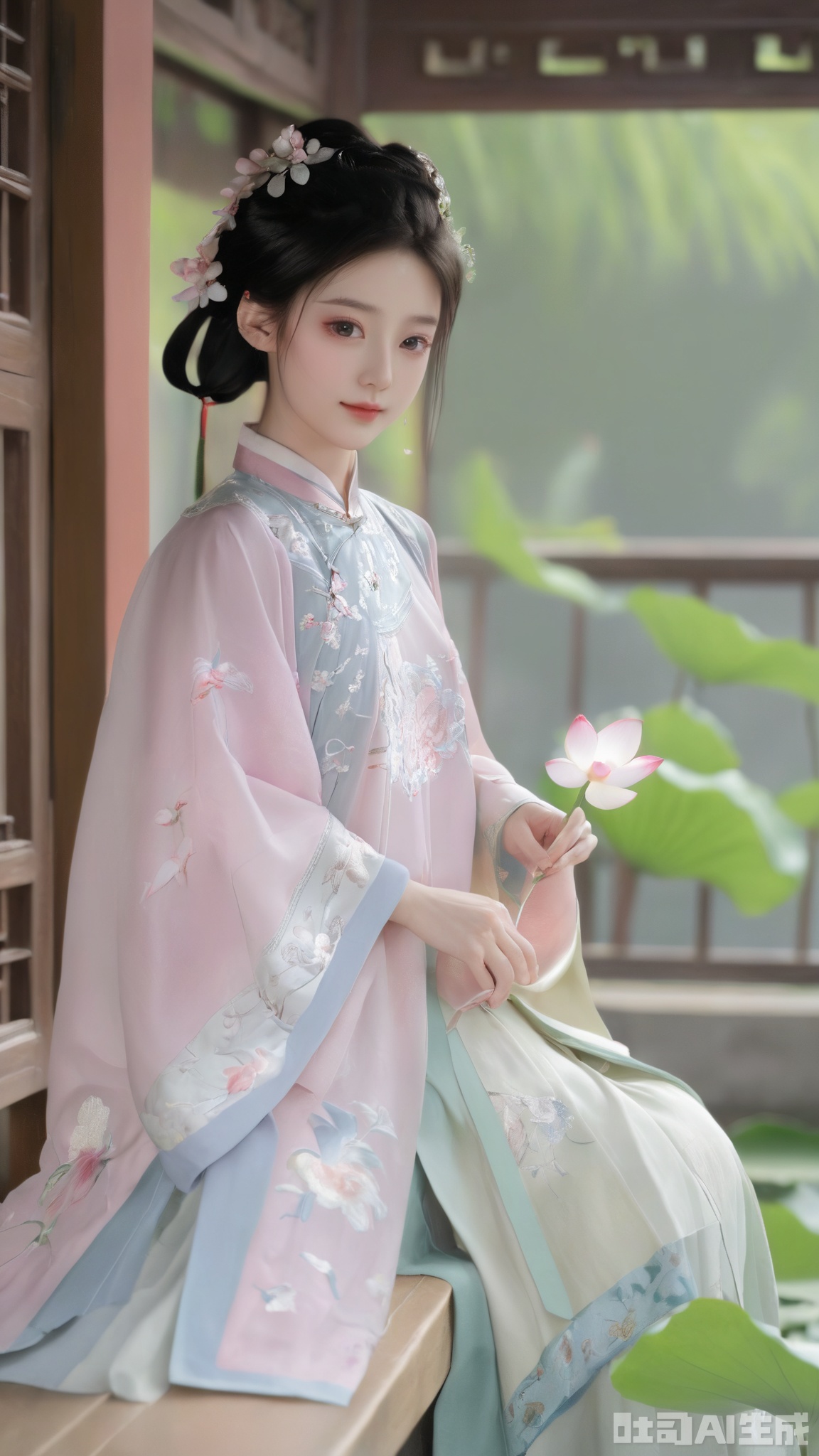 Best quality, Realistic, photorealistic, masterpiece, extremely detailed CG unity 8k wallpaper, best illumination, best shadow, huge filesize ,(huge breasts:2.2), incredibly absurdres, absurdres, looking at viewer, transparent, smog, gauze, vase, petals, room, ancient Chinese style, detailed background, wide shot background, (((1gilr,black hair))),(Sitting on the lotus pond porch:1.39) ,(huge breasts:2.3),(A pond full of pink lotus flowers:1.3),close up of 1girl,Hairpins,hair ornament,hair wings,slim,narrow waist,(huge breasts:2.39),perfect eyes,beautiful perfect face,pleasant smile,perfect female figure,detailed skin,charming,alluring,seductive,erotic,enchanting,delicate pattern,detail,delicate intricate fabrics, Morning Serenade In the gentle morning glow, (a woman in a pink lotus-patterned Hanfu stands in an indoor courtyard:1.26),admiring the tranquil garden scenery. The lotus-patterned Hanfu, embellished with silver-thread embroidery, is softly illuminated by the morning light, with a blurred background to enhance the peaceful atmosphere,(huge breasts:2.59),,Xmingzhihanfu,Xtangqixiongshanqun,Xqinghannu,Xsongzhihanfu