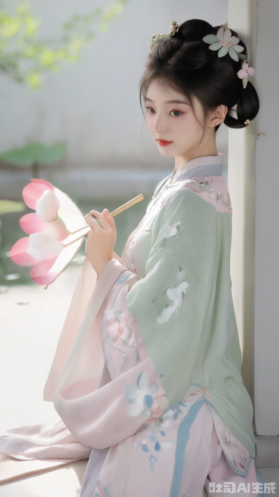 Best quality, Realistic, photorealistic, masterpiece, extremely detailed CG unity 8k wallpaper, best illumination, best shadow, huge filesize ,(huge breasts:2.2), incredibly absurdres, absurdres, looking at viewer, transparent, smog, gauze, vase, petals, room, ancient Chinese style, detailed background, wide shot background, (((1gilr,black hair))),(Sitting on the lotus pond porch:1.39) ,(huge breasts:2.3),(A pond full of pink lotus flowers:1.3),close up of 1girl,Hairpins,hair ornament,hair wings,slim,narrow waist,(huge breasts:2.39),perfect eyes,beautiful perfect face,pleasant smile,perfect female figure,detailed skin,charming,alluring,seductive,erotic,enchanting,delicate pattern,detail,delicate intricate fabrics, Morning Serenade In the gentle morning glow, (a woman in a pink lotus-patterned Hanfu stands in an indoor courtyard:1.26),admiring the tranquil garden scenery. The lotus-patterned Hanfu, embellished with silver-thread embroidery, is softly illuminated by the morning light, with a blurred background to enhance the peaceful atmosphere,(huge breasts:2.59),,Xmingzhihanfu,Xtangqixiongshanqun,Xqinghannu,Xsongzhihanfu