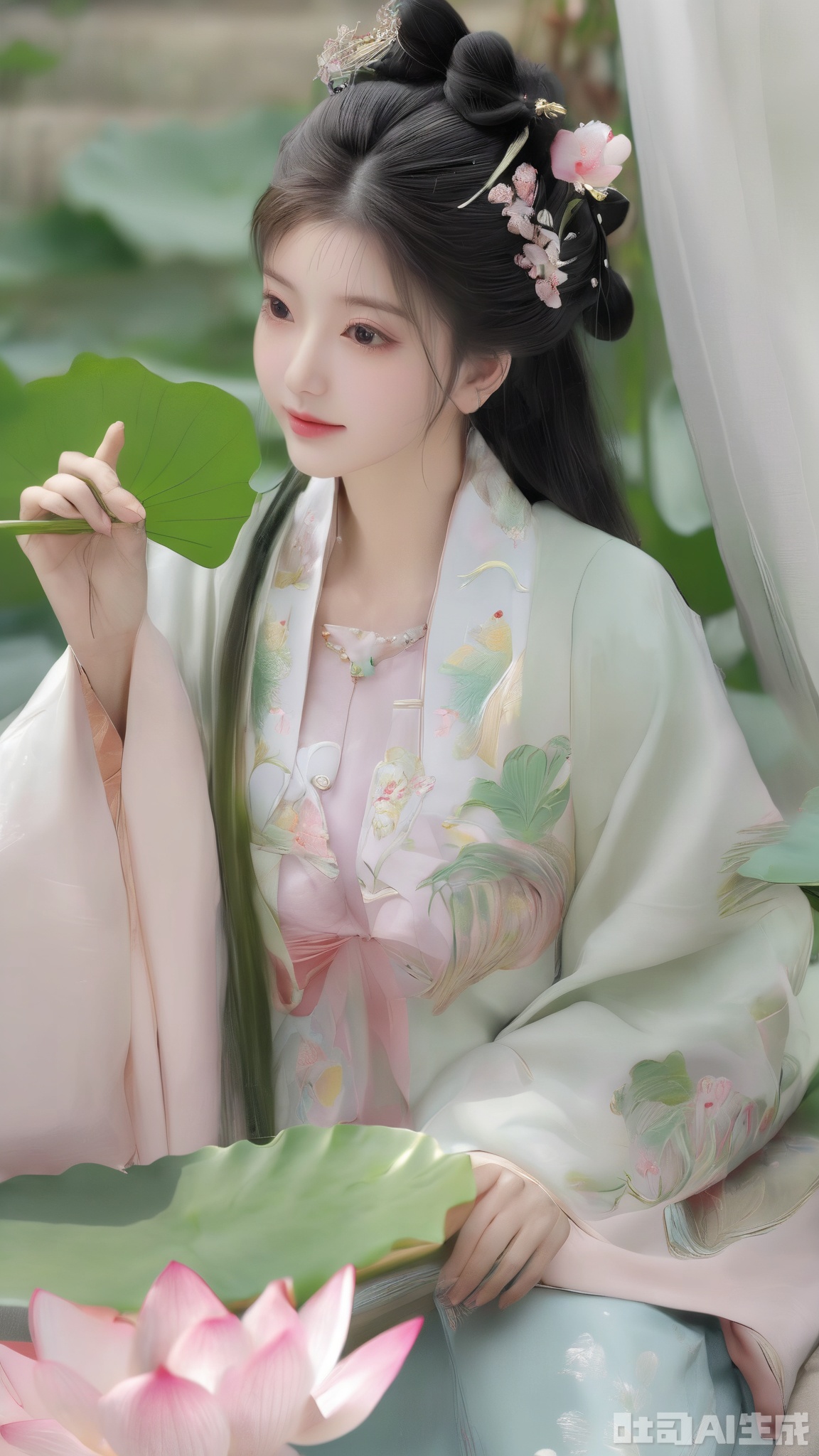 Best quality, Realistic, photorealistic, masterpiece, extremely detailed CG unity 8k wallpaper, best illumination, best shadow, huge filesize ,(huge breasts:2.2), incredibly absurdres, absurdres, looking at viewer, transparent, smog, gauze, vase, petals, room, ancient Chinese style, detailed background, wide shot background, (((1gilr,black hair))),(Sitting on the lotus pond porch:1.39) ,(huge breasts:2.3),(A pond full of pink lotus flowers:1.3),close up of 1girl,Hairpins,hair ornament,hair wings,slim,narrow waist,(huge breasts:2.39),perfect eyes,beautiful perfect face,pleasant smile,perfect female figure,detailed skin,charming,alluring,seductive,erotic,enchanting,delicate pattern,detail,delicate intricate fabrics, Morning Serenade In the gentle morning glow, (a woman in a pink lotus-patterned Hanfu stands in an indoor courtyard:1.26),admiring the tranquil garden scenery. The lotus-patterned Hanfu, embellished with silver-thread embroidery, is softly illuminated by the morning light, with a blurred background to enhance the peaceful atmosphere,(huge breasts:2.59),,Xmingzhihanfu,Xtangqixiongshanqun,Xqinghannu,Xsongzhihanfu
