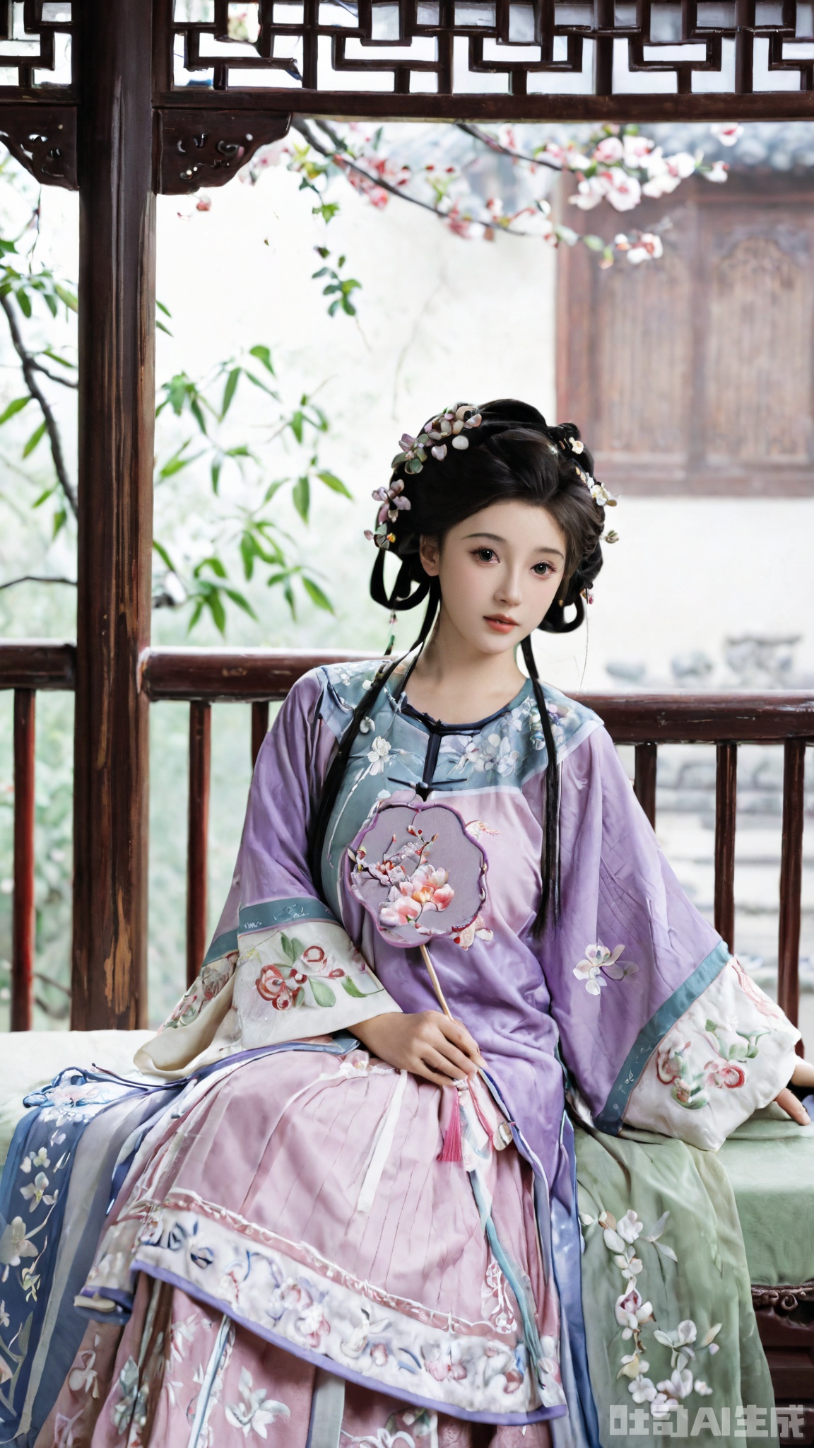 Best quality, Realistic, photorealistic, masterpiece,1girl, solo, long hair, black hair,Hairpins,necklace, hair ornament, dress, full body, flower, earrings, indoors, hair bun, (purple-pink dress),(Tube top Hanfu long skirt:1.1), pillow, bed, night, chinese clothes, table, branch,daxiushan, ,daxiushan style,(huge breasts:2.29), (full breasts:2.29), realistic,hanfu, daxiushan,Shoulders are exposed, Xmingzhihanfu,Xtangqixiongshanqun,Xqinghannu,Xsongzhihanfu
