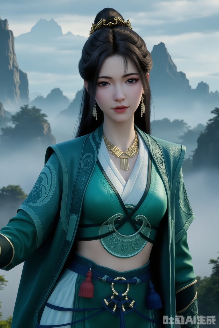 1girl

solo

long hair

black hair

hair ornament

dress

jewelry

ponytail

outdoors

sky

necklace


chinese clothes


green dress

mountain

mpl
