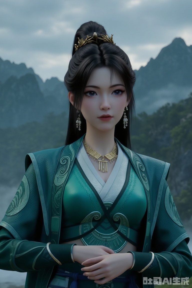 1girl

solo

long hair

black hair

hair ornament

dress

jewelry

ponytail

outdoors

sky

necklace


chinese clothes


green dress

mountain

mpl